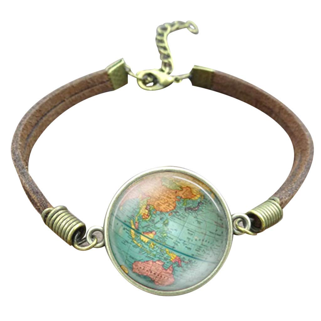Steampunk World Map Leather Bracelet for Men & Women - Vintage Earth Charm Bracelet with Silver Hoop Earrings | Perfect for Cosplay, Gothic Fashion & Unique Gifts