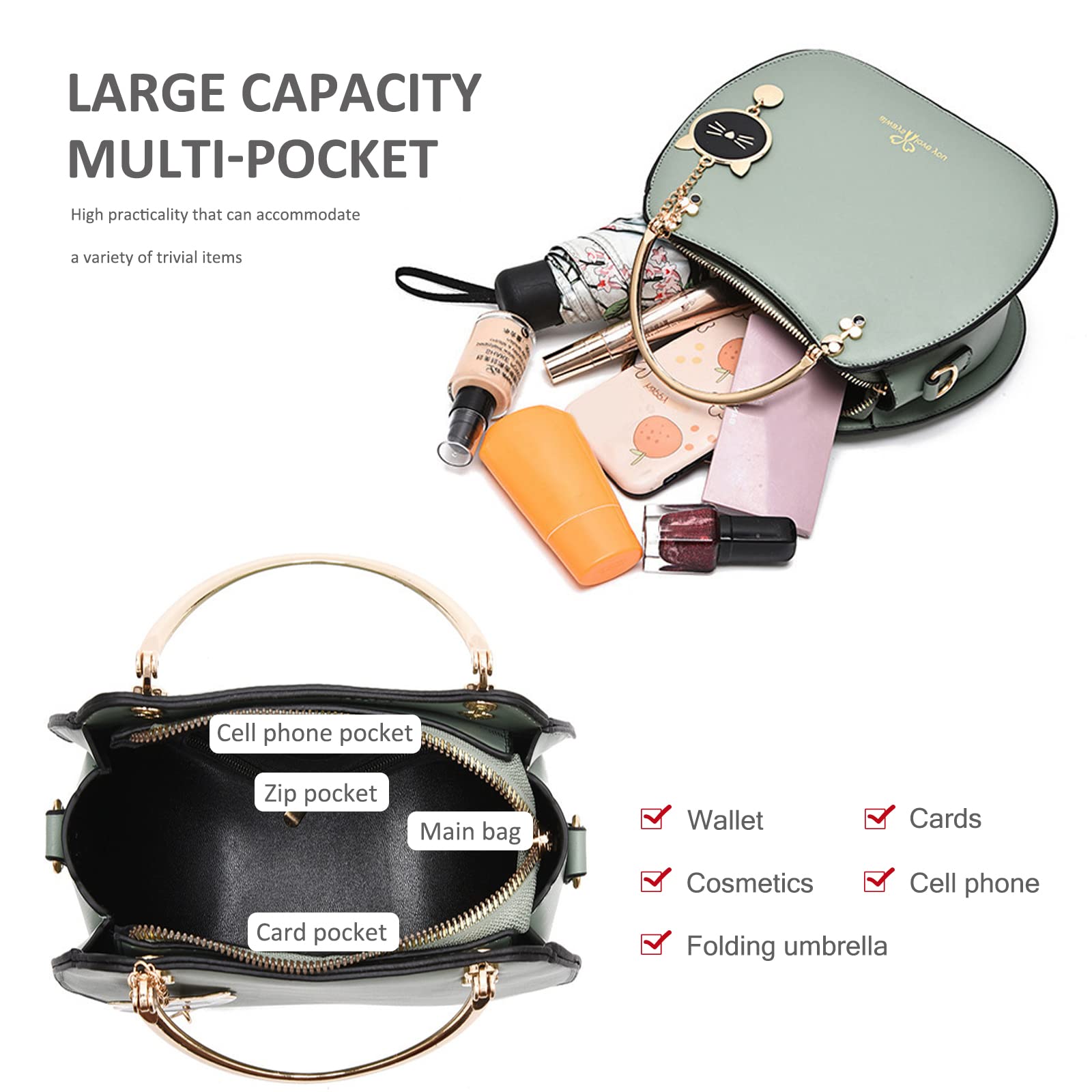 Women's PU Leather Crossbody Bag with Cat Pendant - Fashion Shoulder Purse for Daily Use