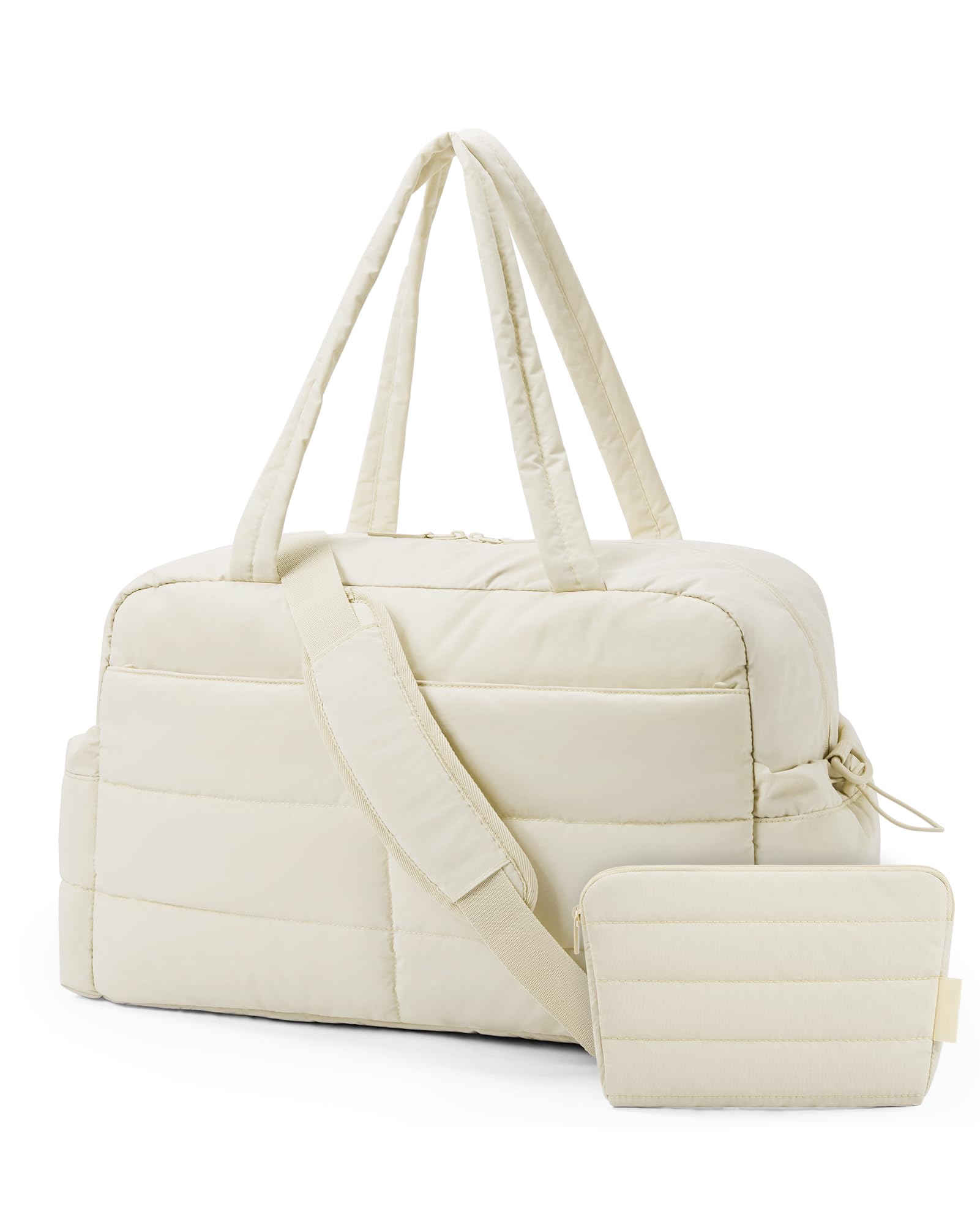 BAGSMART 31L Quilted Puffer Tote Bag - Women's Travel Duffle Bag, Gym Bag & Laptop Carry-On with Organizer | Perfect for Weekender Trips, Overnight Stays & Workouts (Beige)