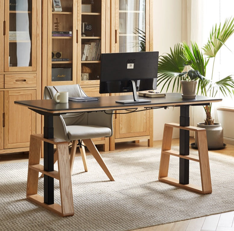 Premium Oak Solid Wood Standing Desk with Natural Rock Slab Top - Ergonomic Adjustable Height Home Office Desk for Work & Study