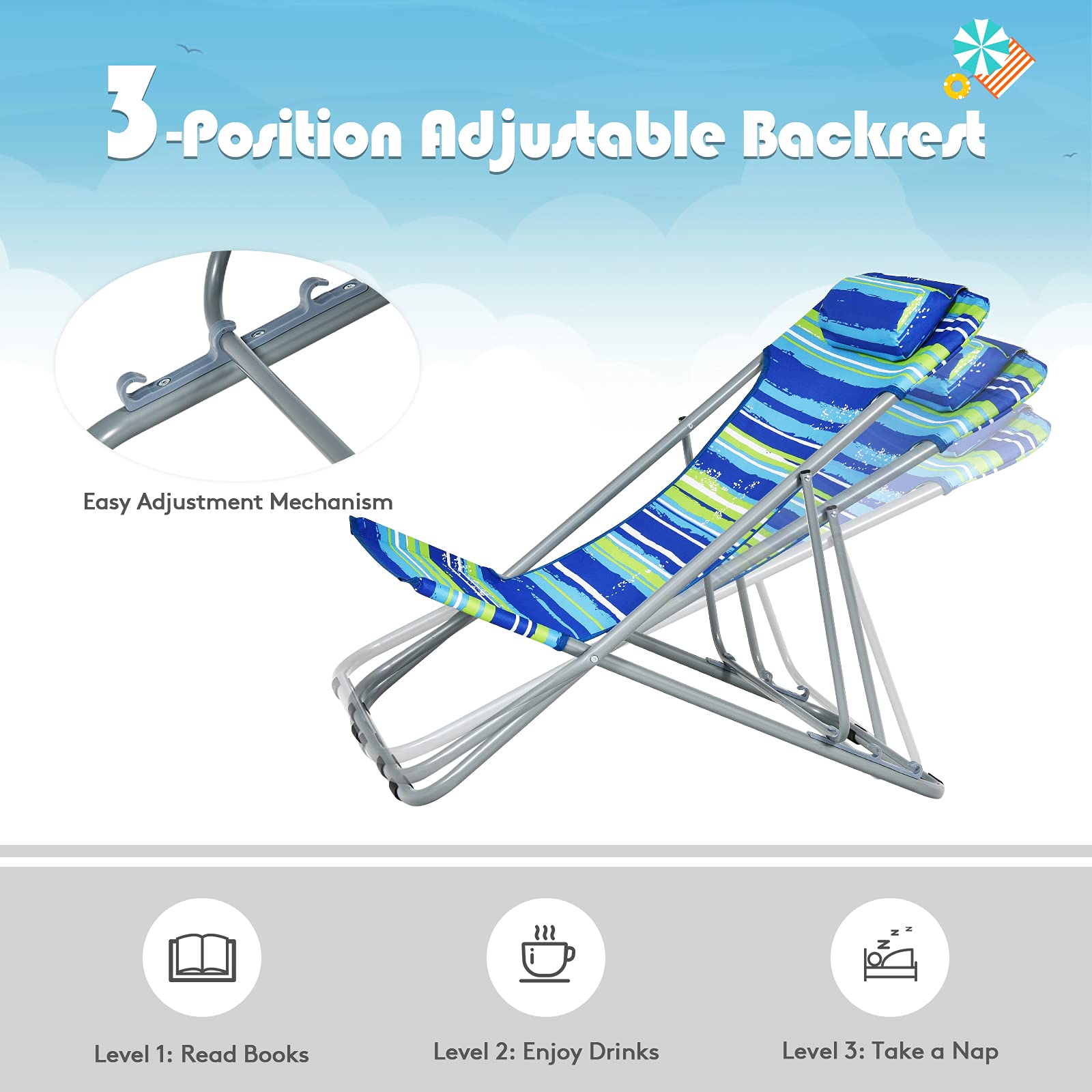 GYMAX 2-Pack Adjustable Beach Chairs for Adults - Portable Reclining Lounge Chairs with 3-Level Backrest & Removable Pillow - Lightweight Folding Camping Chairs for Beach, Poolside, Patio, Lawn, Fishing & Outdoor Relaxation (Blue) - Perfect for Summer Vacations, Backyard Lounging & Travel Adventures