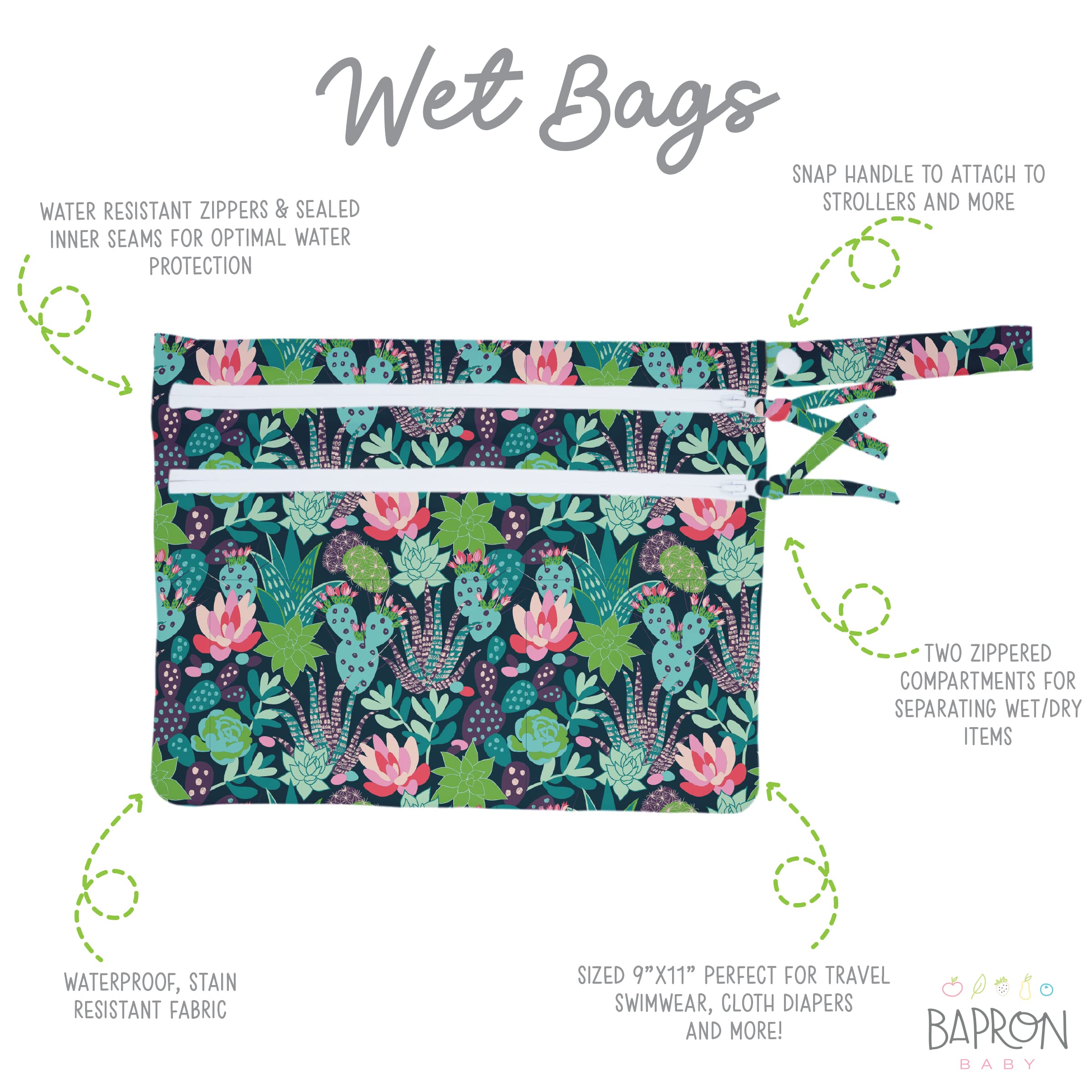 BapronBaby Desert Floral Wet Dry Bag - Waterproof Reusable Storage Pouch with Two Zipper Pockets for Diapers, Swimsuits, Snacks & Baby Essentials - 11