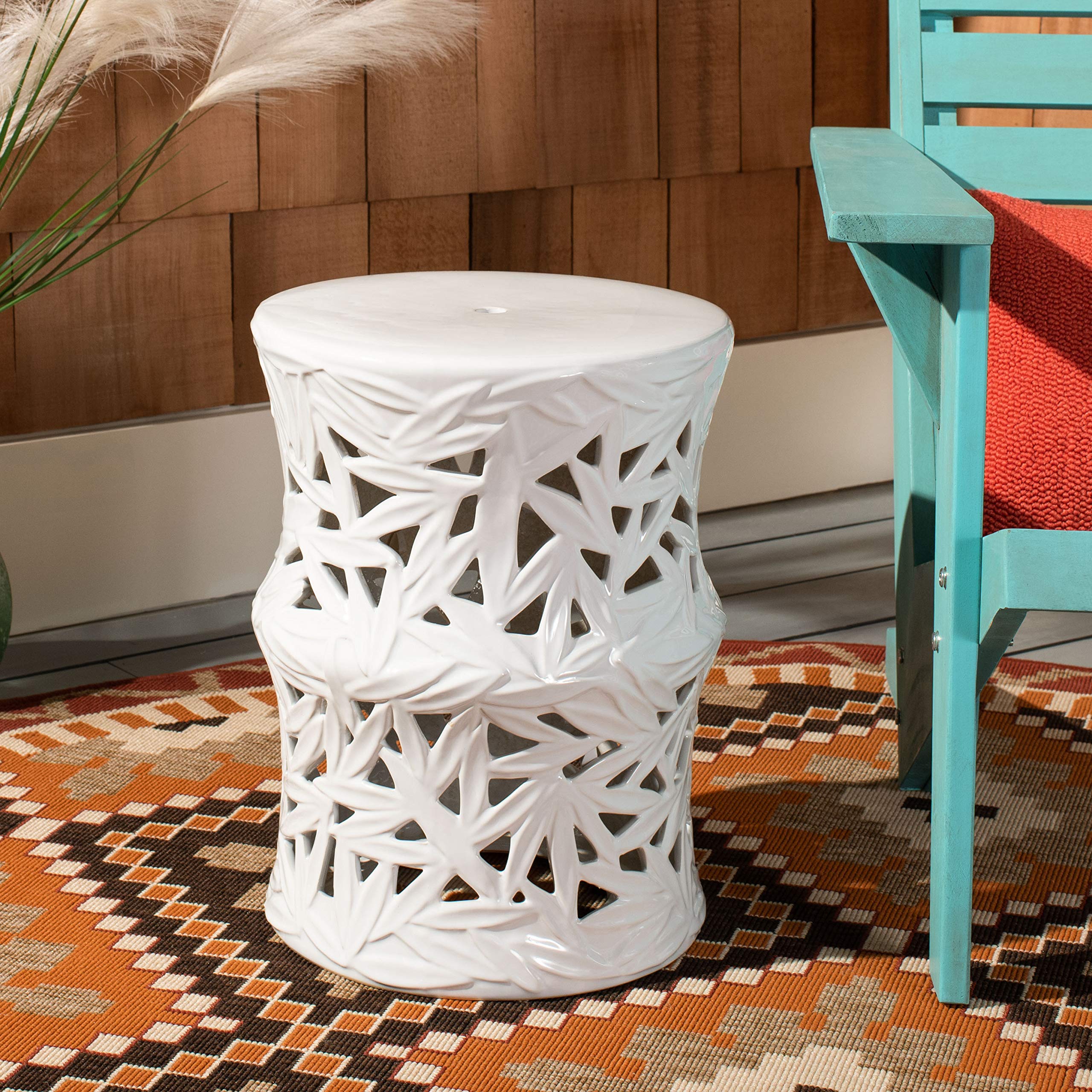 SAFAVIEH Home Granda 18-inch White Ceramic Garden Stool - Indoor/Outdoor Side Table & Decorative Accent for Patio, Living Room & Bedroom