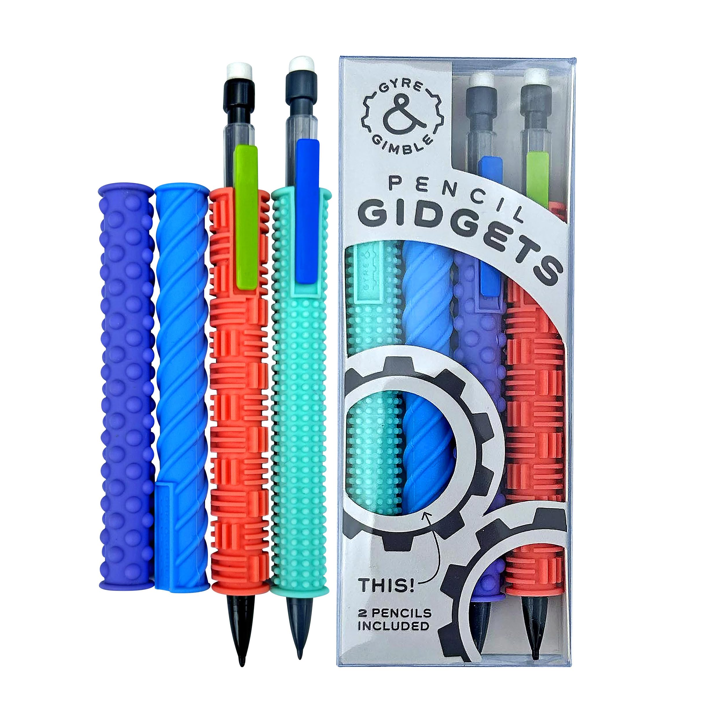 Gyre & Gimble Textured Silicone Pencil Fidget Sleeves - 4 Pack with 2 Mechanical Pencils for Stress Relief & Focus - Quiet Sensory Fidget Toy for Office, School & ADHD Anxiety Relief