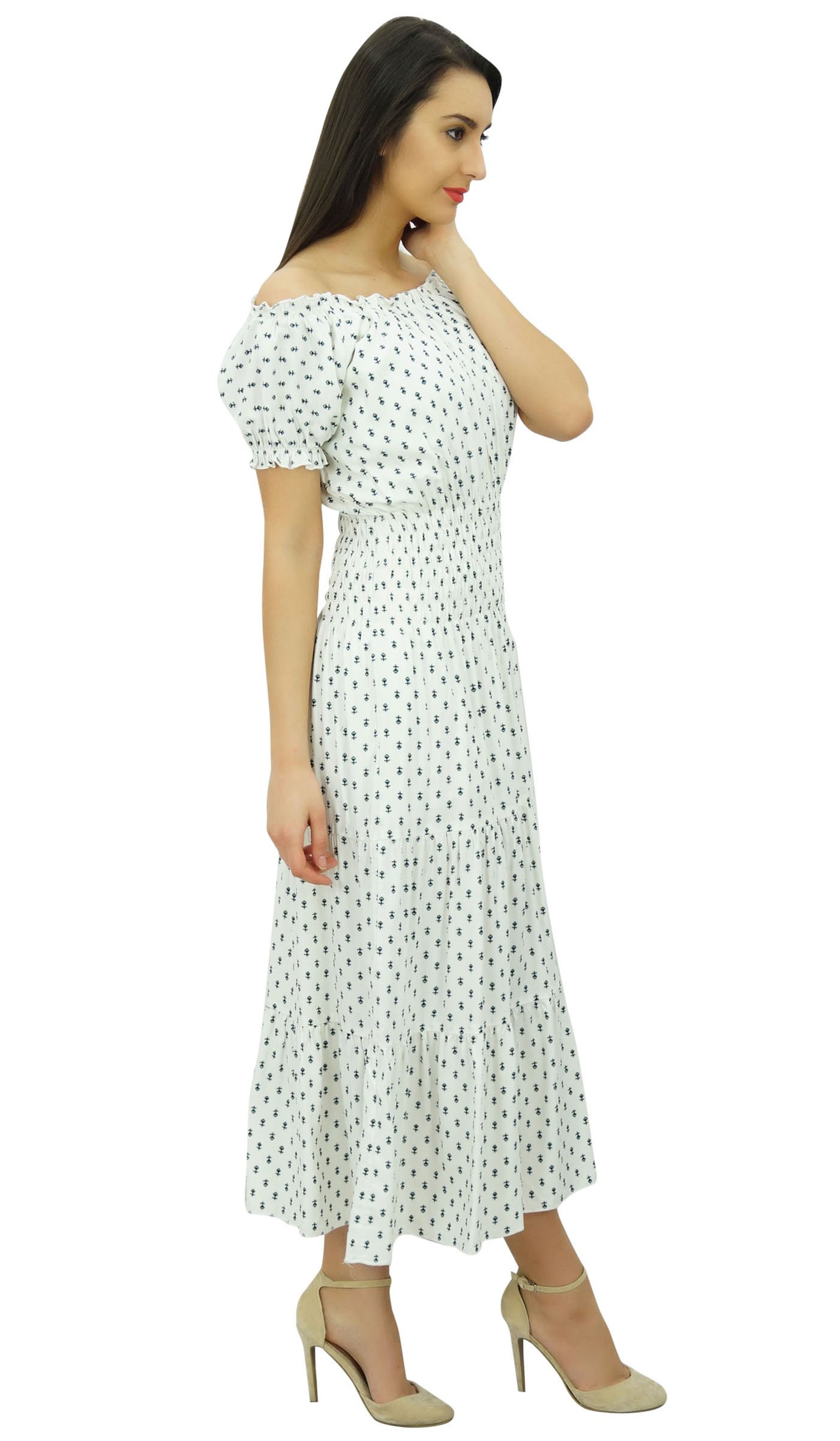 Bimba Women's Printed Off Shoulder Party Dress with Smocked Waist - Flared Maxi Dress for Weddings, Cocktail Parties & Summer Vacations