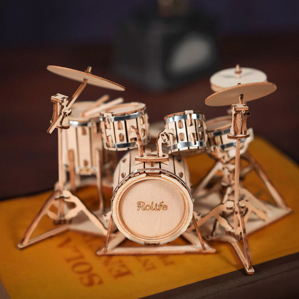 ROBOTIME DIY Drum Kit Model Building Kit - 3D Wooden Puzzle for Adults & Teens - Perfect for Music Lovers, STEM Education, and Home Decor