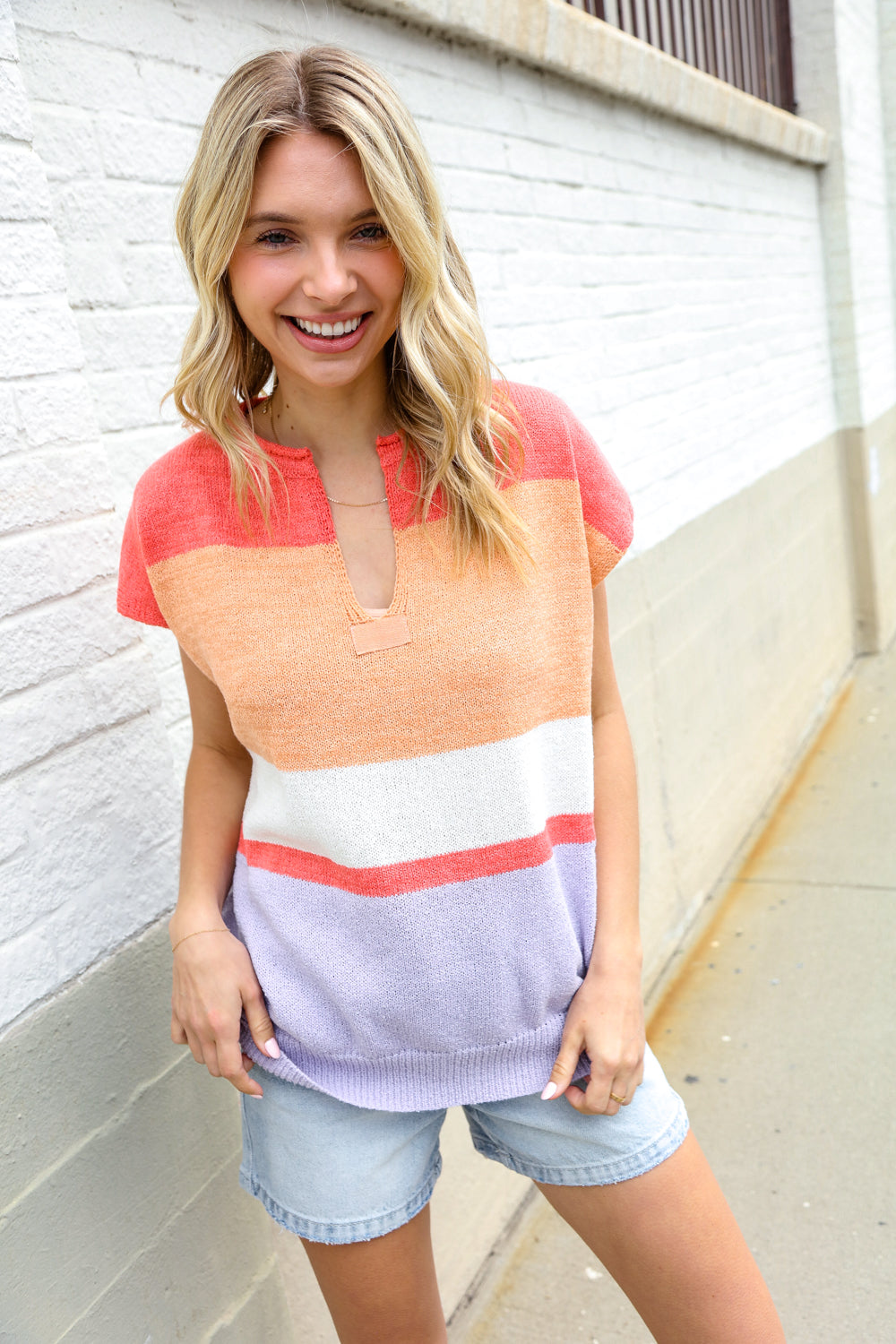 Coral Notched Neck Drop Shoulder Sweater Top for Women - Elegant Loose Fit Knit Pullover for Casual Outings & Date Nights