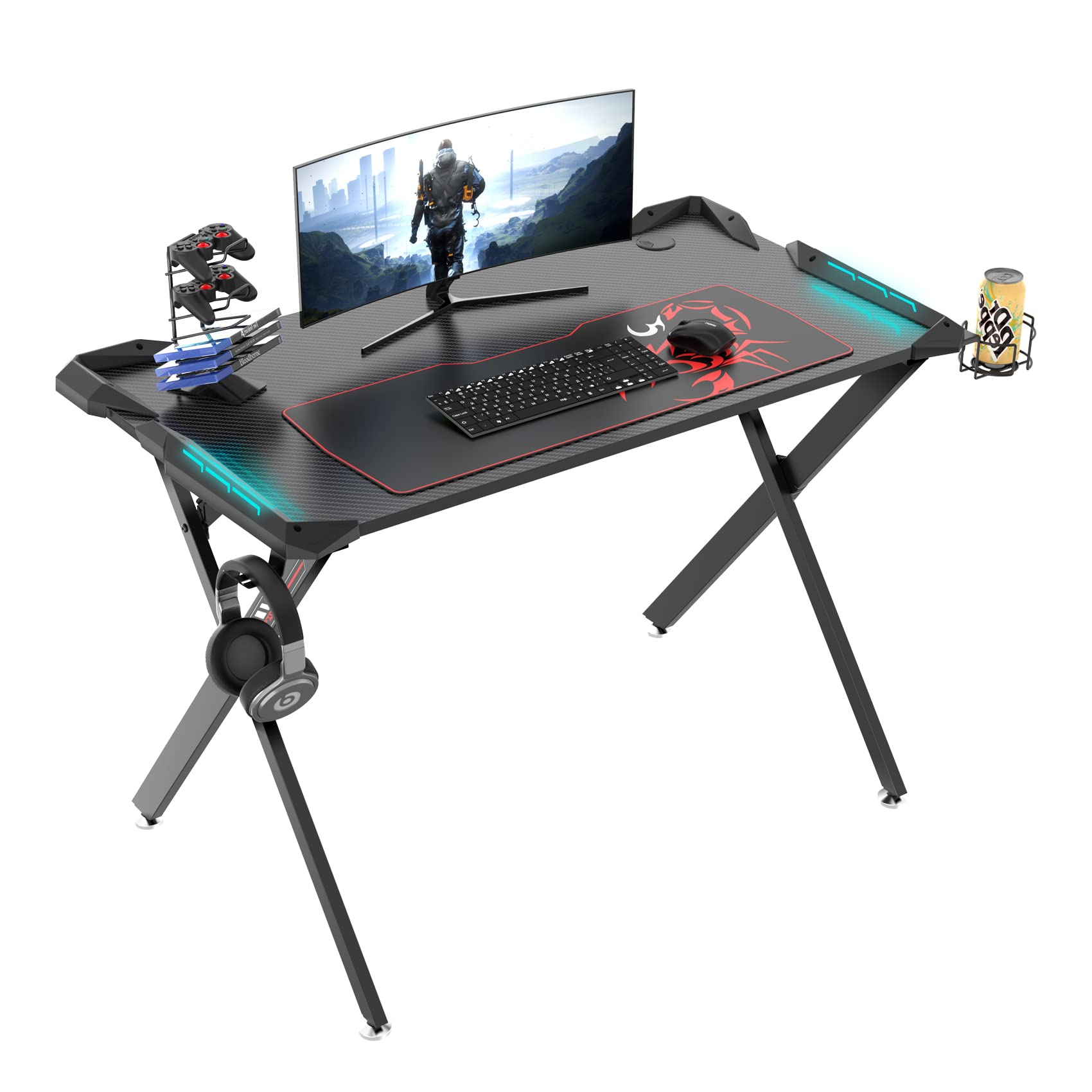 EUREKA ERGONOMIC 45 Inch RGB LED Gaming Desk - Ergonomic Computer Desk with Free Mouse Pad, Controller Stand, Cup Holder & Headphone Hook - Perfect for PC Gaming, Streaming & Home Office Workstation (Black)