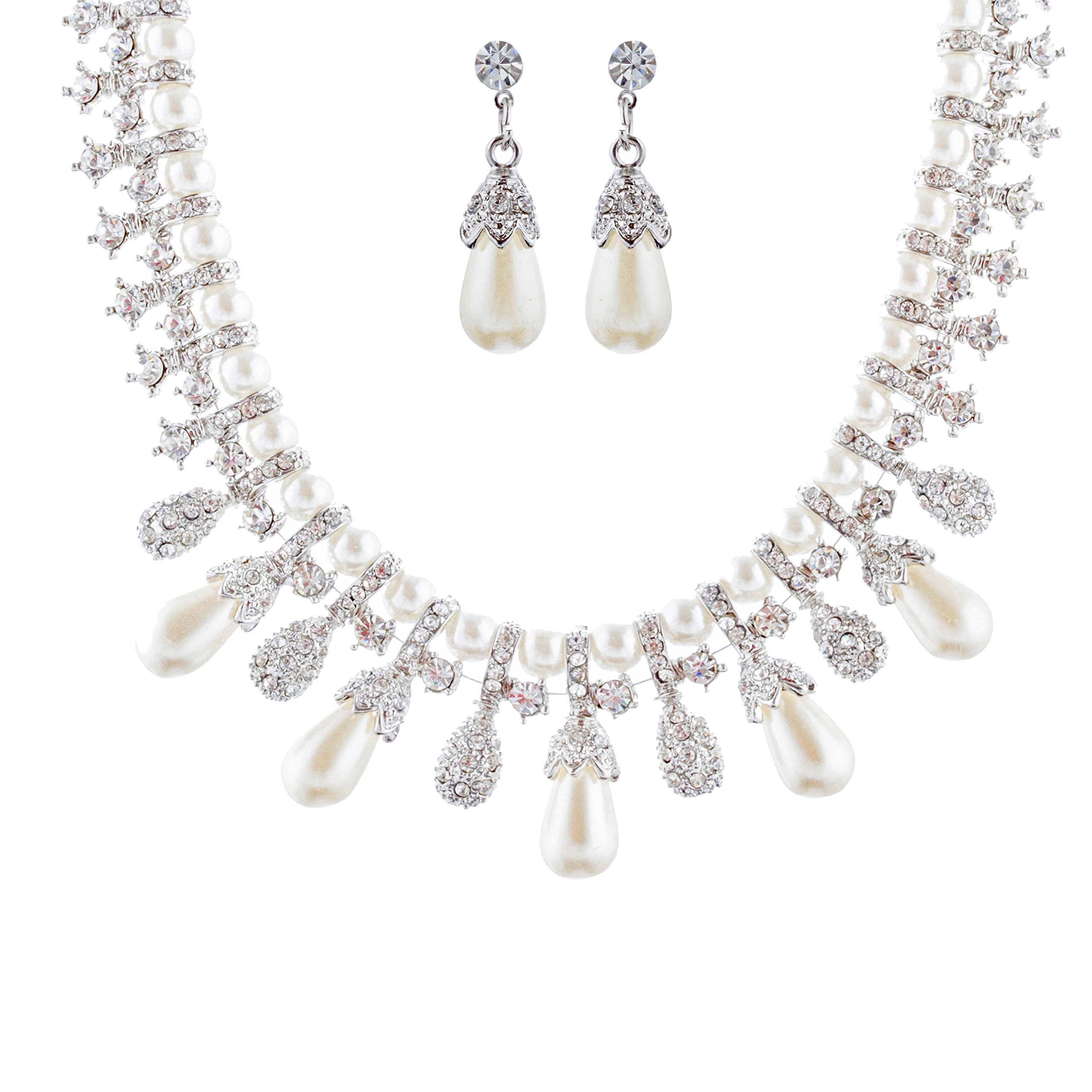 Elegant Bridal Wedding Prom Jewelry Set - Crystal & Pearl Bib Choker Necklace in Silver | Perfect for Brides, Formal Events & Special Occasions