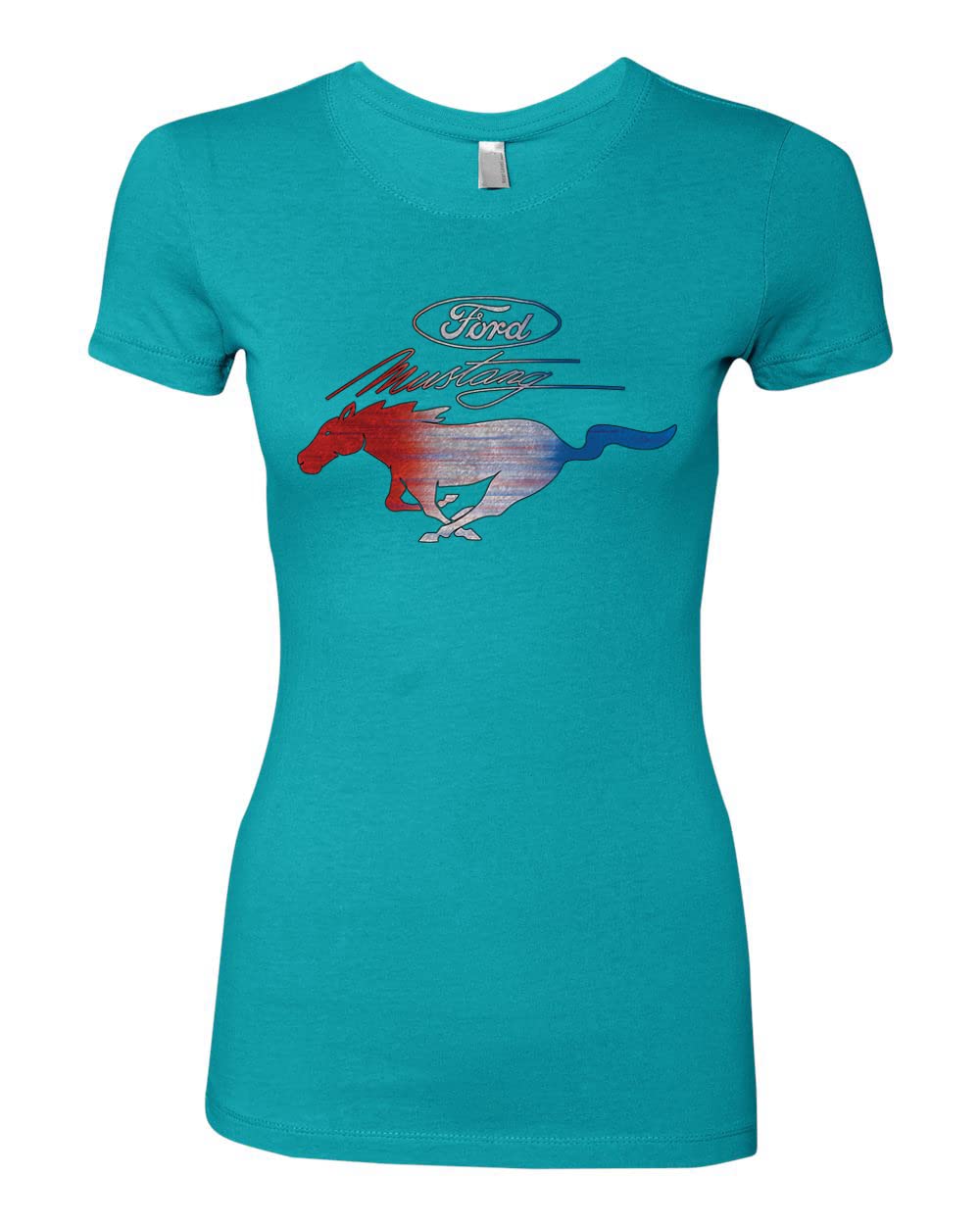 Ford Mustang T-Shirt for Women - USA Flag & Mustang Emblem Design - Slim Fit Junior Tee - Perfect for Car Enthusiasts, Casual Wear & Mustang Fan Gifts