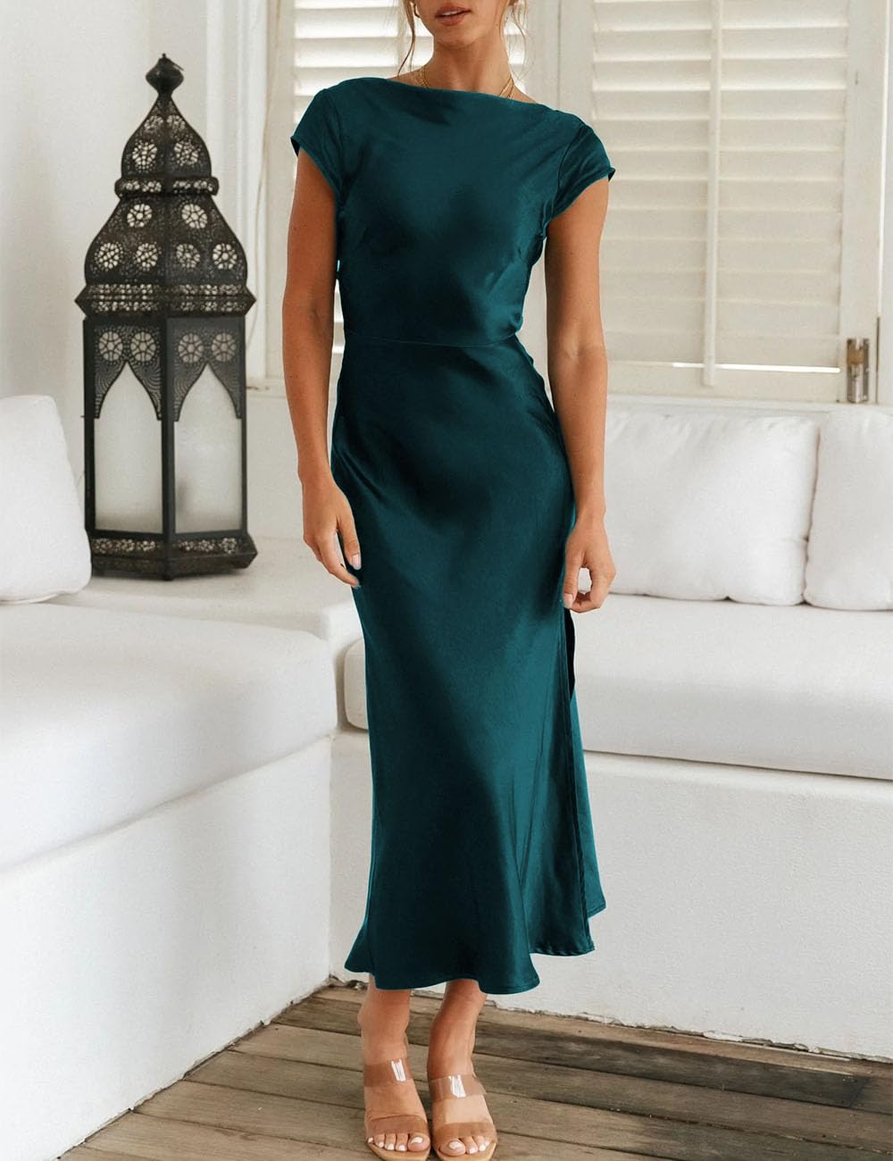 Elegant Backless Satin Midi Dress for Women - Summer 2025 Cowl Neck Twist Cap Sleeves Cocktail Dress with Slit | Perfect for Wedding Guest, Party & Special Occasions