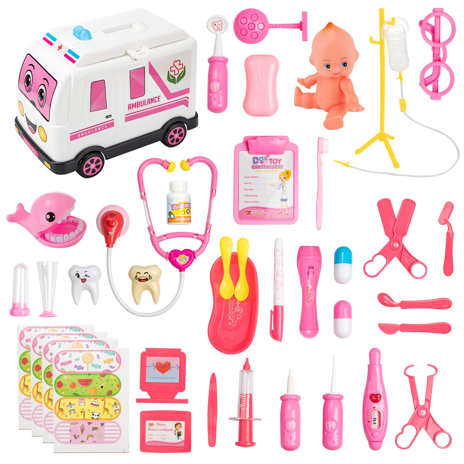 **38-Piece Kids Doctor Play Set - Medical Kit for Pretend Play, Toy Doctor Equipment with Gift Car Case (Pink) - Perfect for Role-Playing, Birthday Gifts & Preschool Learning**