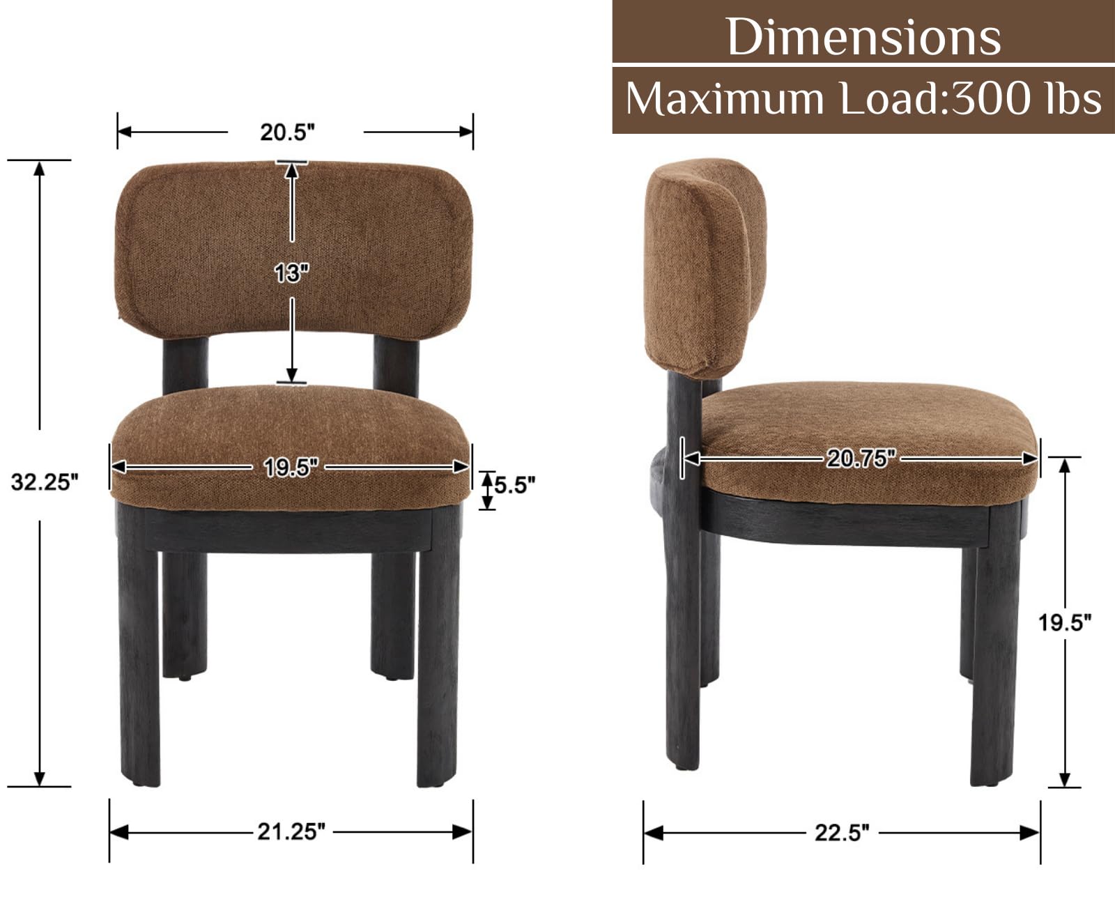 Mid Century Modern Dining Chairs Set of 2 - Brown Upholstered Wooden Farmhouse Kitchen Chairs, Armless Accent Side Chairs with Chenille Fabric for Dining Room & Living Room - Perfect for Home Decor, Kitchen Breakfast Nook, and Small Space Dining