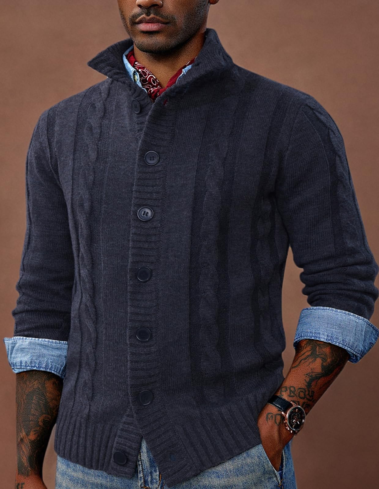 PJ PAUL JONES Men's Stand Collar Cable Knit Button Cardigan Sweater - Warm Winter Pullover for Casual Wear & Office Outfits