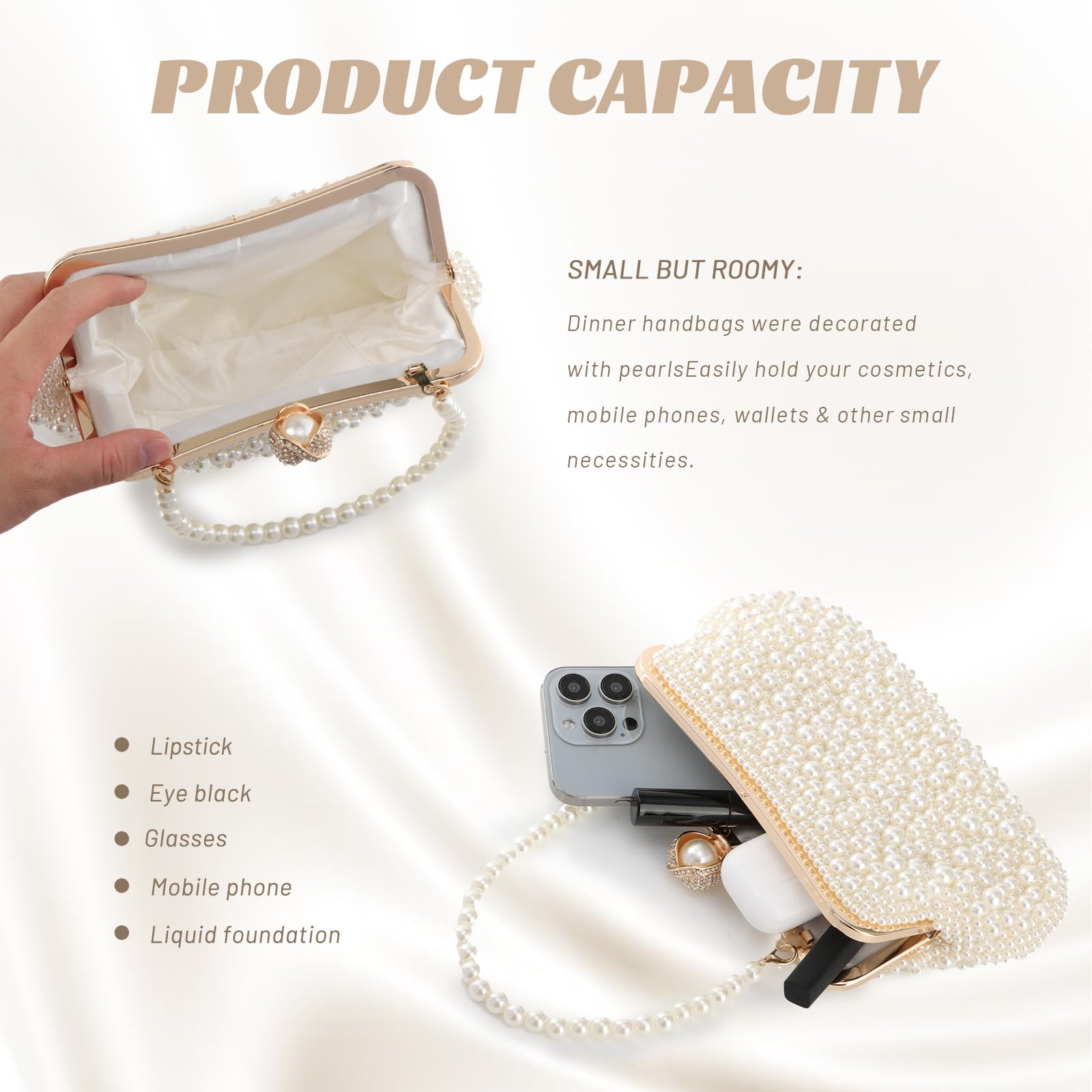 Pearl Clutch Purse for Women - Crystal Beaded Evening Bag with Chain for Wedding & Party