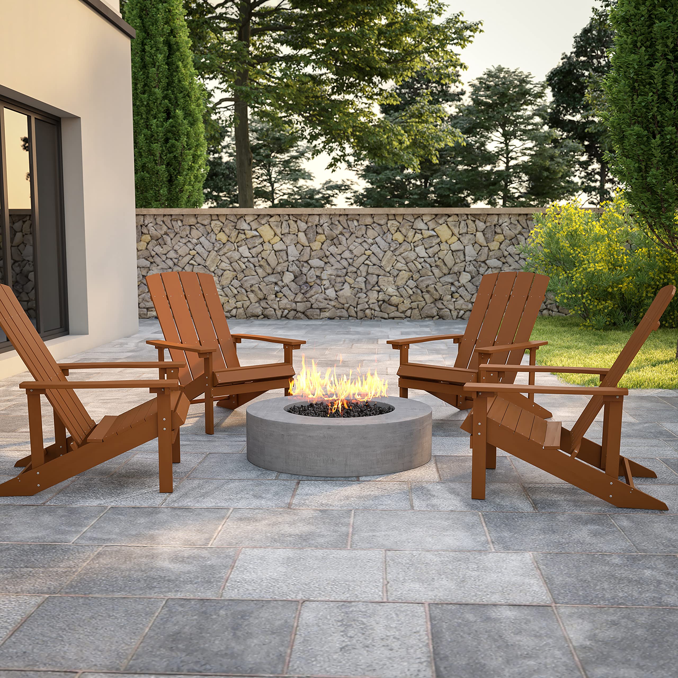 Flash Furniture Charlestown 4-Piece Teak Poly Resin Adirondack Chair Set - All-Weather Indoor & Outdoor Patio Furniture - Perfect for Backyard, Garden, Poolside, and Deck Relaxation