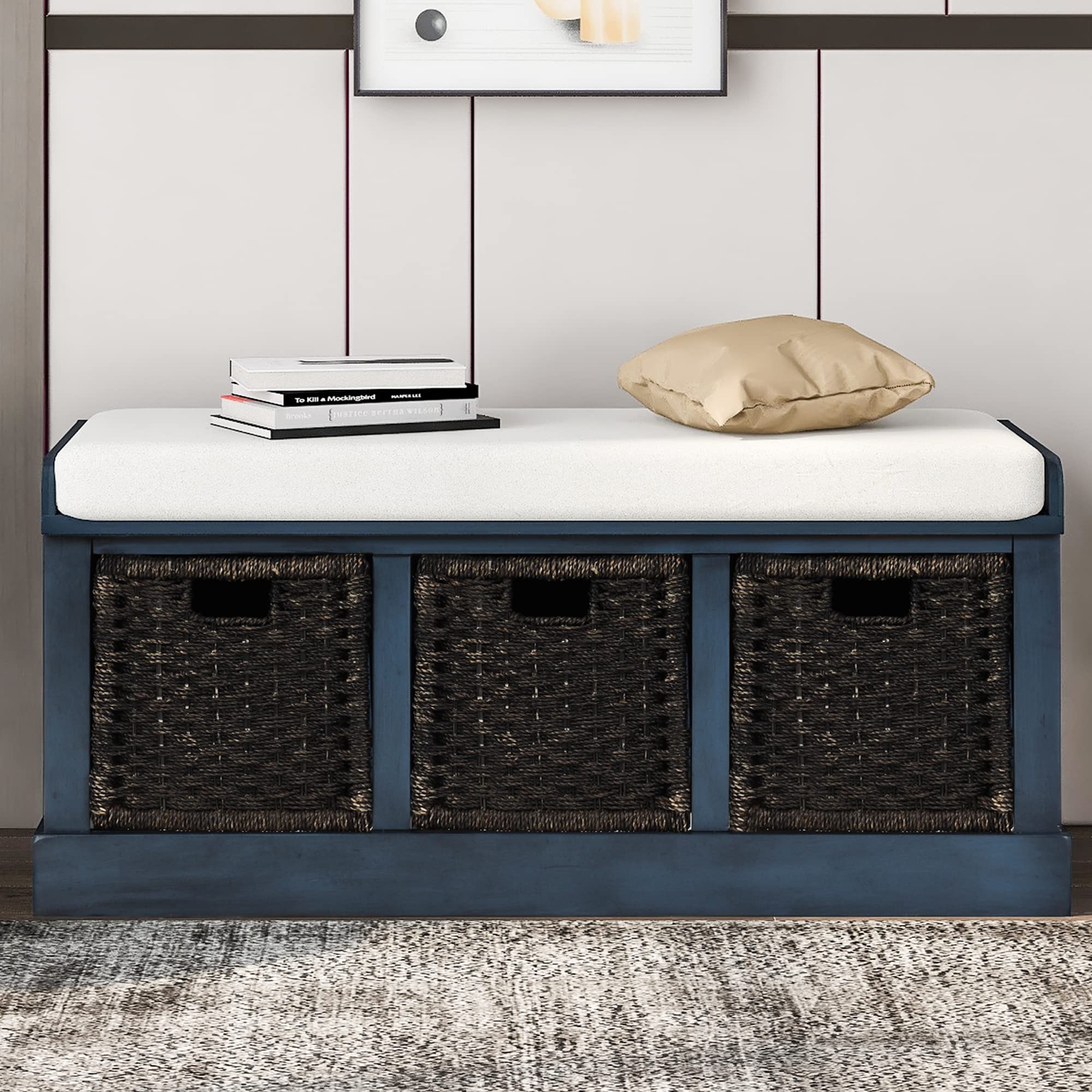 Rustic Wood Entryway Storage Bench with Removable Cushion & 3 Classic Rattan Baskets - Antique Navy Hallway Bench for Bedroom, Living Room & Home Entrance Organization