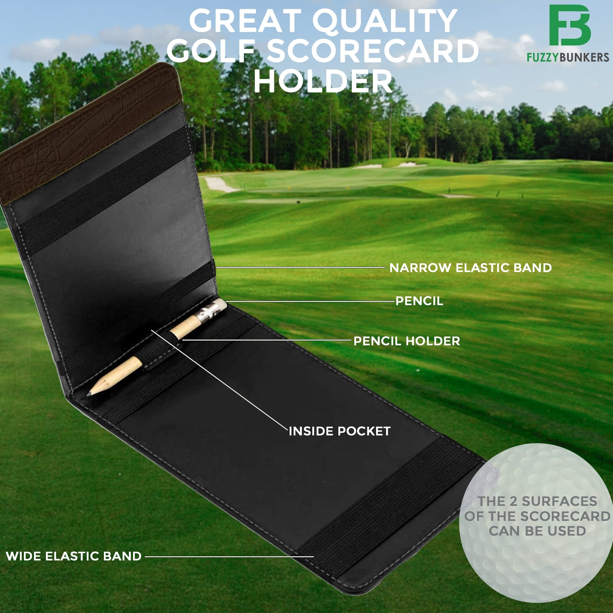 Premium Leather Golf Scorecard Holder & Yardage Book Cover - Golf Accessories with Free Pencil & Stat Tracker Sheet - Perfect for Golf Tournaments, Practice Rounds & Course Management