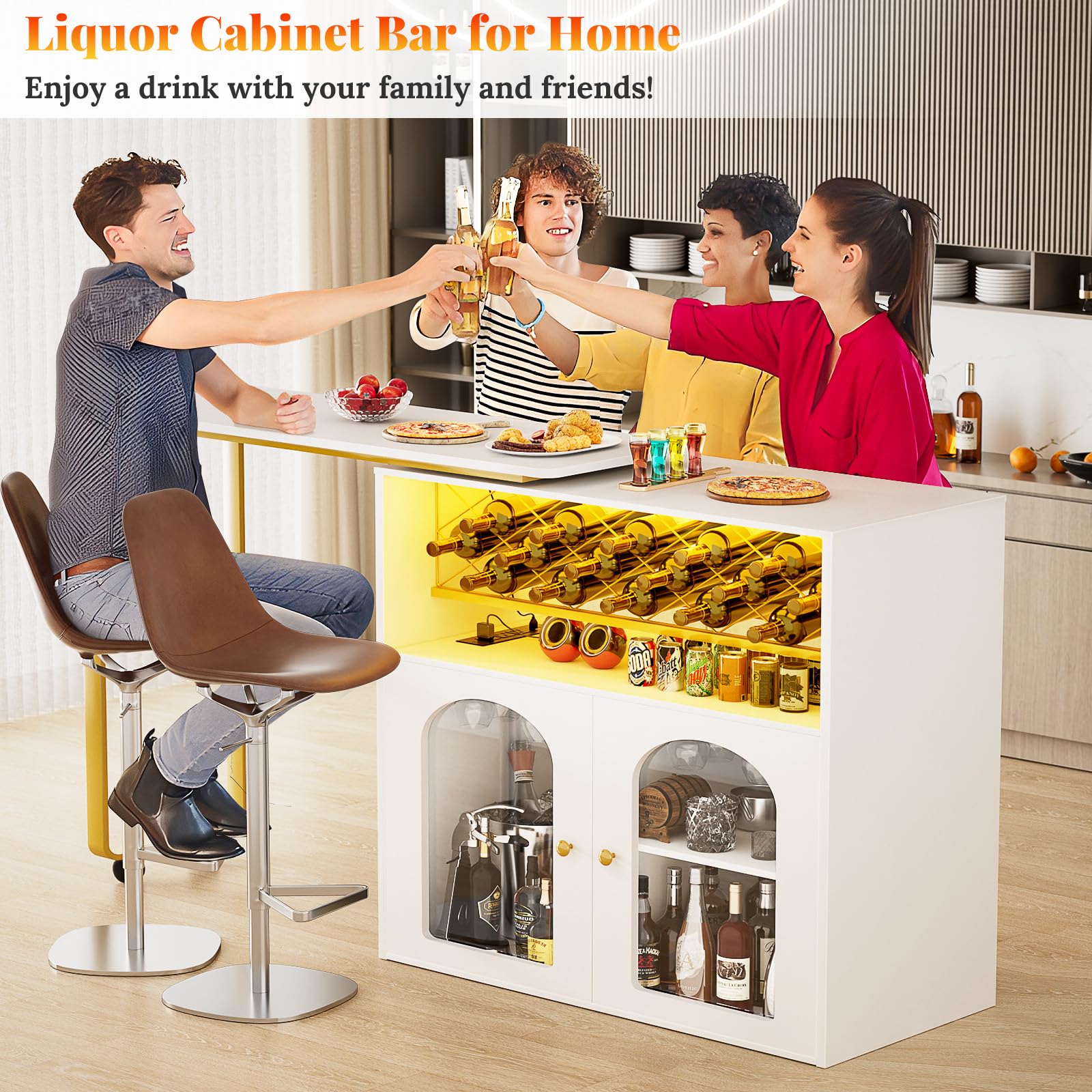 Cyclysio Rotating Wine Bar Cabinet - LED Lighted Home Bar with Power Outlets, Wine Rack & Glass Holder - Corner Bar Cabinet with Storage Doors - Perfect for Dining Room, Living Room & Home Entertaining