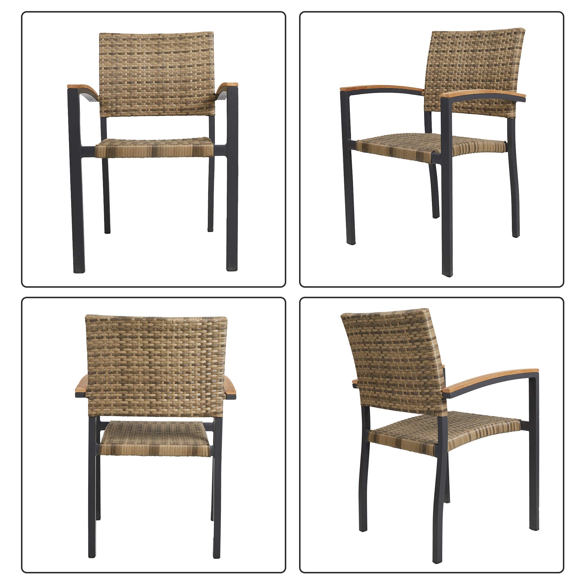 TRY & DO 4-Piece Patio Dining Chairs Set - Outdoor Stackable Wicker Chairs with Wooden Armrests, PE Rattan & Aluminum Frame - Perfect for Garden, Balcony, Lawn & Indoor Use (Brown) | Durable Outdoor Furniture for Entertaining, Relaxing & Dining Al Fresco