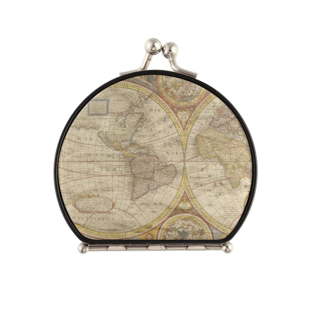 Vintage World Map Travel Makeup Mirror - Double Sided Compact Mirror with 2x & 1x Magnification, Portable Handheld Mirror for Women's Purse | Perfect for Travel, Home Vanity & On-the-Go Touch Ups