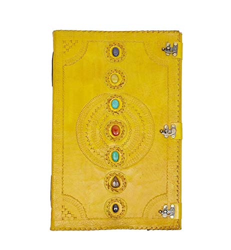 Handmade Skyland Leather Journal with Real Stone Seven Chakra Embossing - Medieval Style Book of Shadows, Office Diary, College Notebook for Poetry & Sketching (Yellow, 13x18 inch) - Perfect for Wiccan Rituals, Journaling & Gift Giving