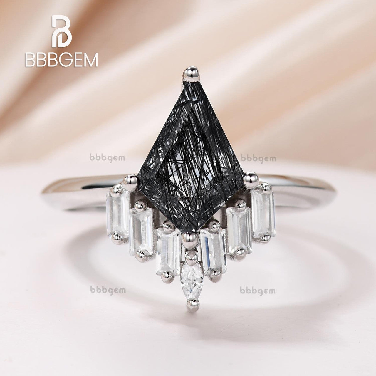 Black Rutilated Quartz Engagement Ring in White Gold with Geometric Knife Edge Kite Design - Black Tourmaline Baguette & Marquise Moissanite Promise Ring for Weddings, Anniversaries & Special Occasions