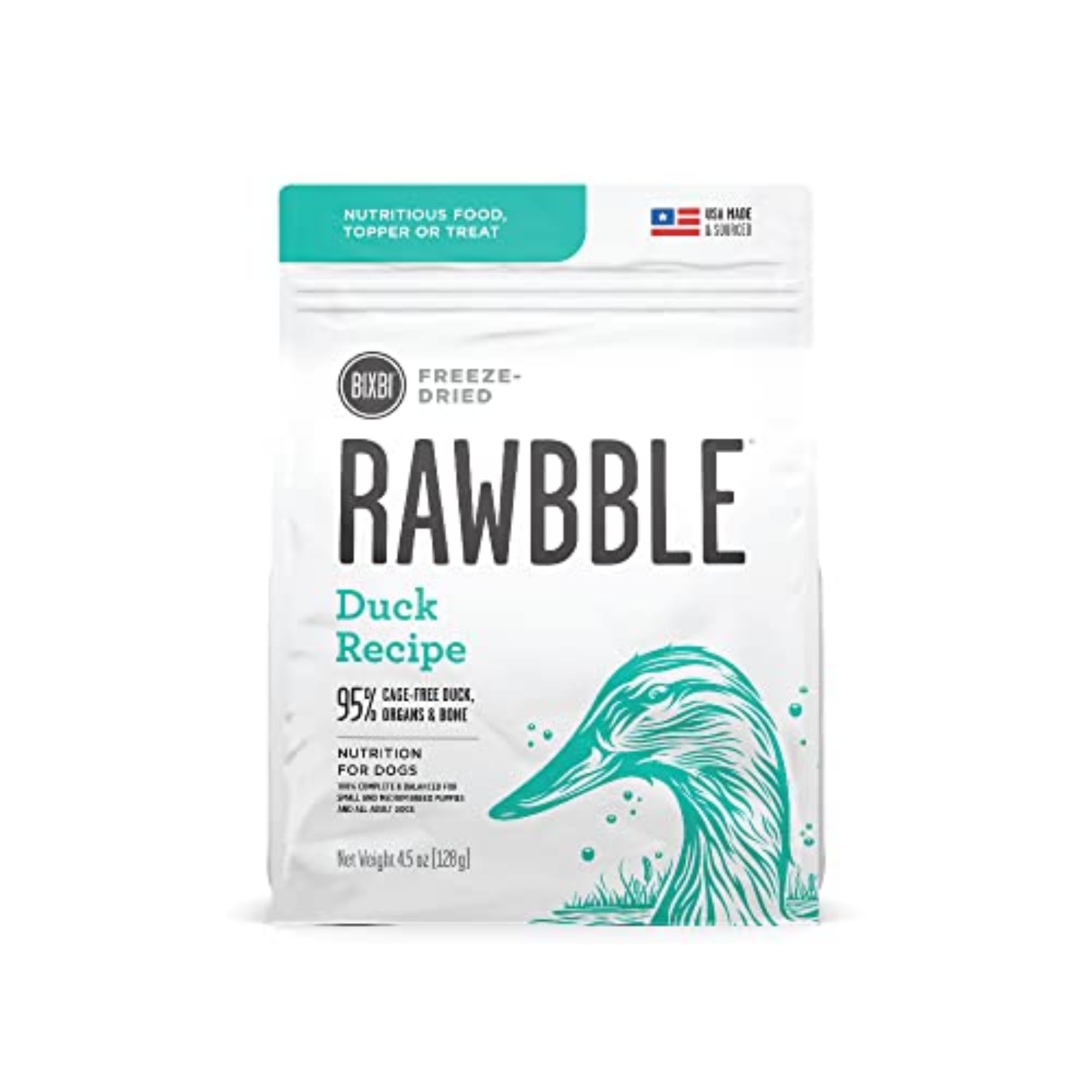 BIXBI Rawbble Freeze Dried Duck Recipe Dog Food - 4.5 oz | 95% Meat & Organs | Grain-Free, No Fillers | USA Made Small Batch Raw Dog Food for Meals, Treats & Food Toppers | Perfect for Travel, Camping & Home Feeding