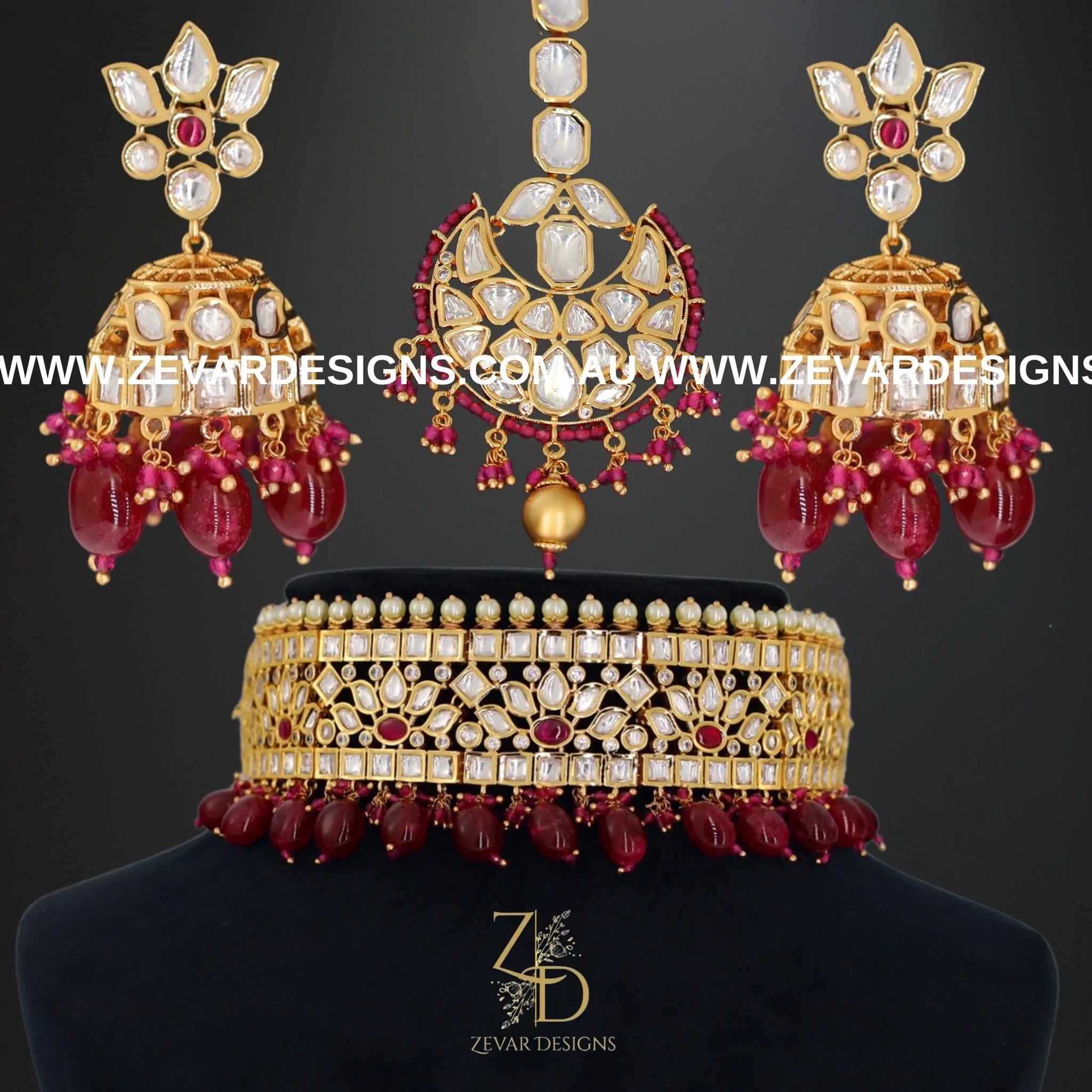 Exquisite Kundan Polki Choker Set with Tikka - Ruby Red Bridal Jewelry for Indian Weddings & Special Occasions