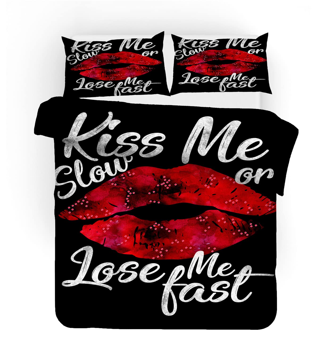 Romantic 3D Printed Kiss Imprint Duvet Cover Set - Twin/Full/Queen/King Size Bedding with Pillowcases - Adorable Red Love Theme for Couples Gift (4-Piece King Size) - Perfect for Valentine's Day, Anniversary & Romantic Bedroom Decor