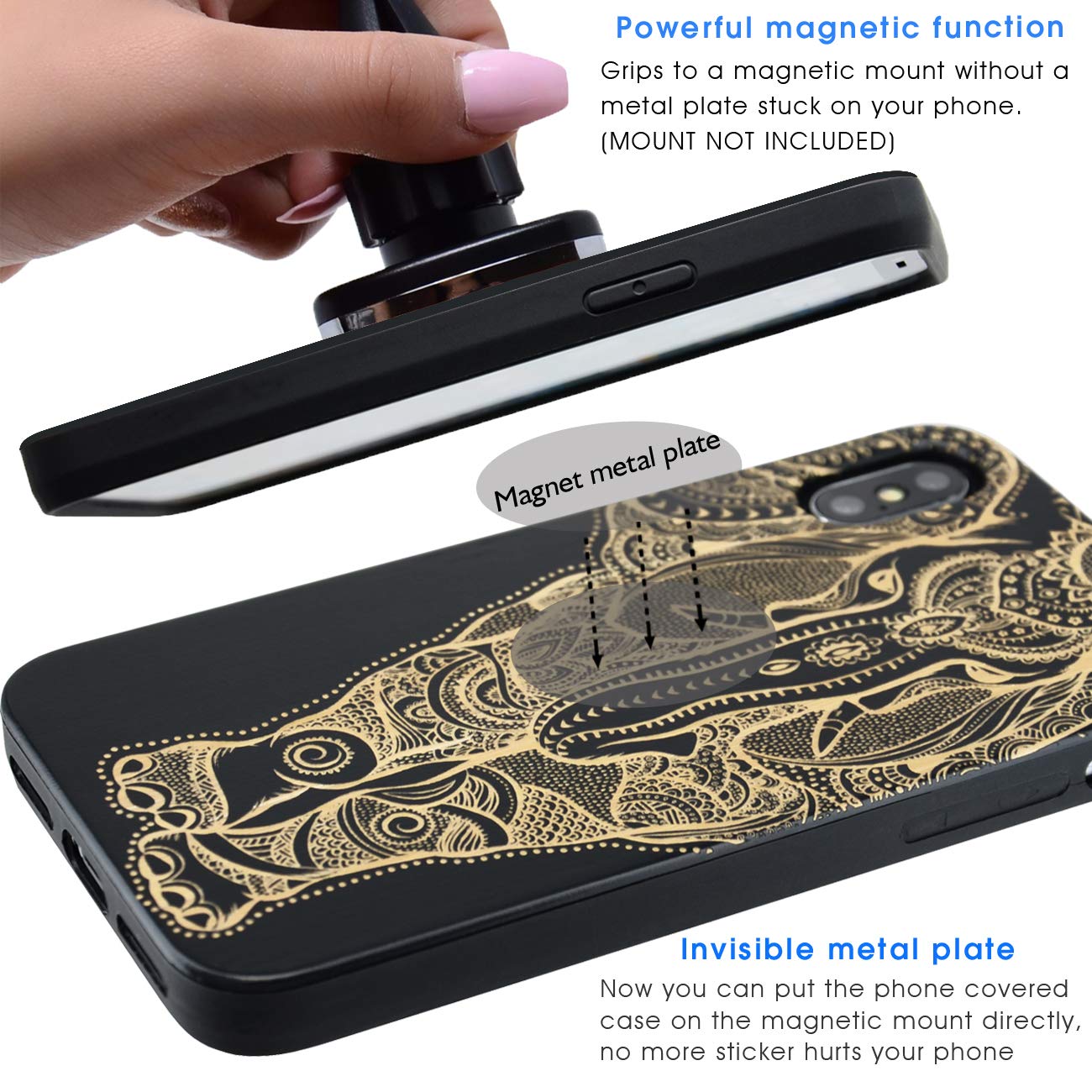 iProductsUS Wood Phone Case for iPhone XR - Engraved Elephant Black Bamboo Cover with Built-in Metal Plate, Wireless Charging Compatible, Shockproof TPU Protection (6.1 Inch) | Perfect for Outdoor Adventures & Daily Use