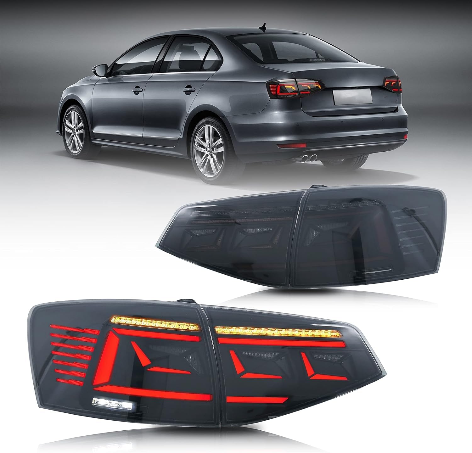 Ingenuity Time LED Tail Lights for Volkswagen Jetta 2015-2018 - Smoked Rear Lamp Assembly with Startup Animation & Sequential Turn Signals - Perfect for Night Driving and Custom Car Upgrades