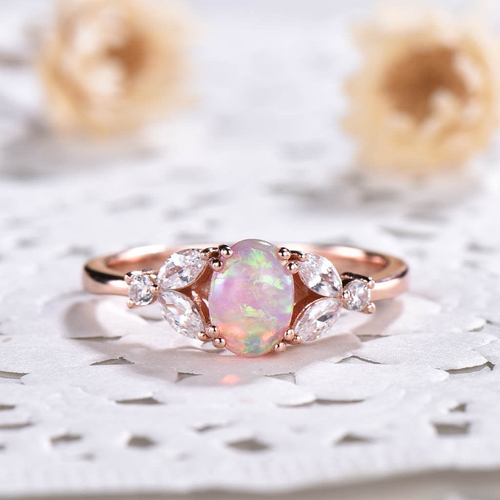 Lab-Created Pink Solitaire Opal Marquise Moissanite Engagement Ring in 14K Rose Gold - Perfect for Proposals, Anniversaries & Romantic Occasions