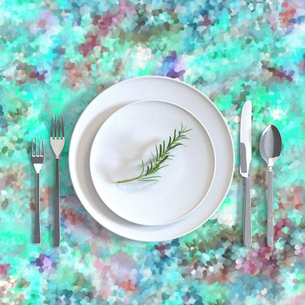 Custom Printed Cotton Sateen Tablecloth 70x108 Inches - Ocean Blue Pointillism Design with Sea Glass & Seashell Patterns | Waterproof Washable Dining Table Cover for Parties, Weddings & Home Decor