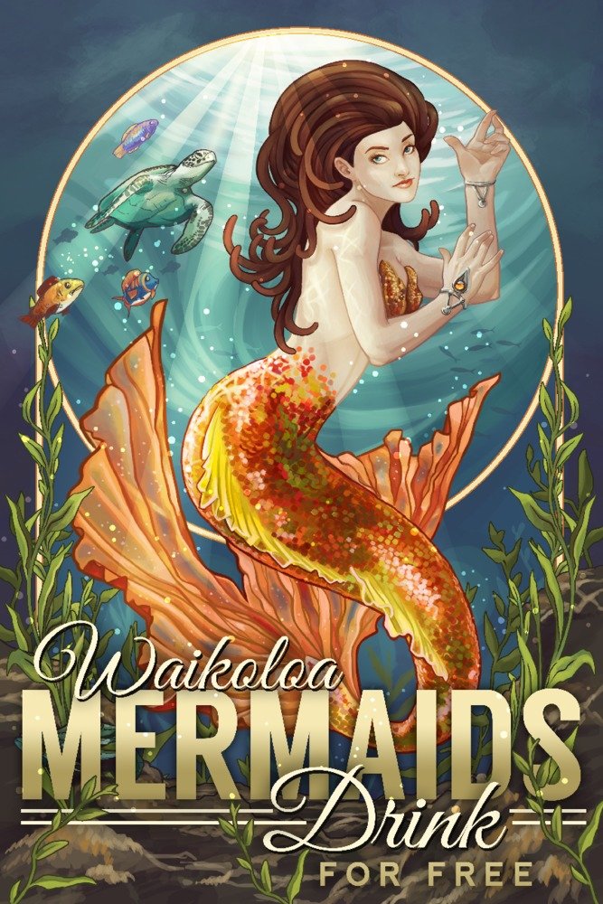 Waikoloa Hawaii Mermaid Metal Art - 12x18 Gallery Quality Aluminum Wall Decor for Beach House, Bar & Coastal Themed Rooms