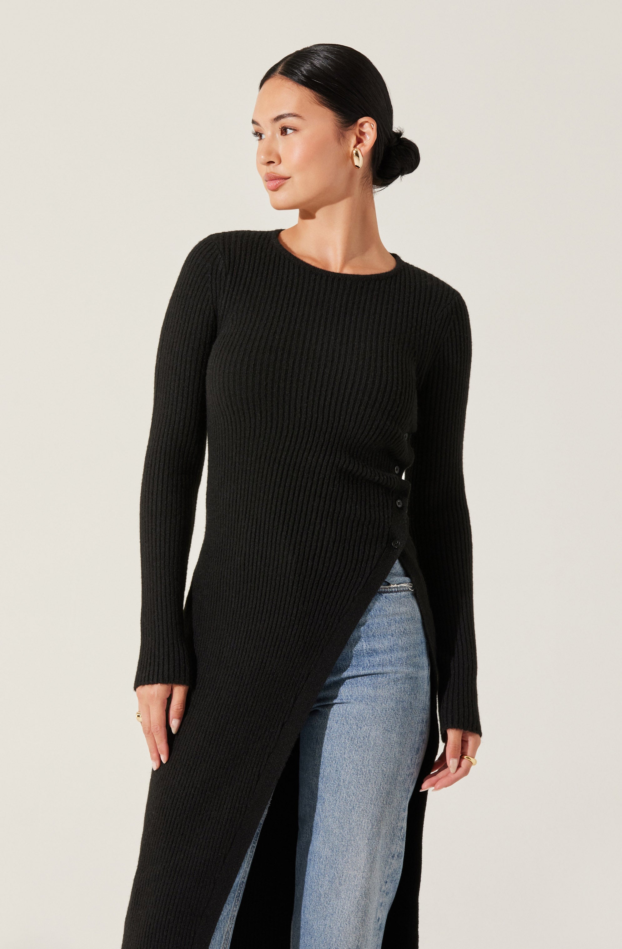 Stylish Ribbed High Slit Button Sweater for Women - Cozy Knit Pullover for Fall & Winter - Perfect for Casual Outings, Office Wear, and Date Nights