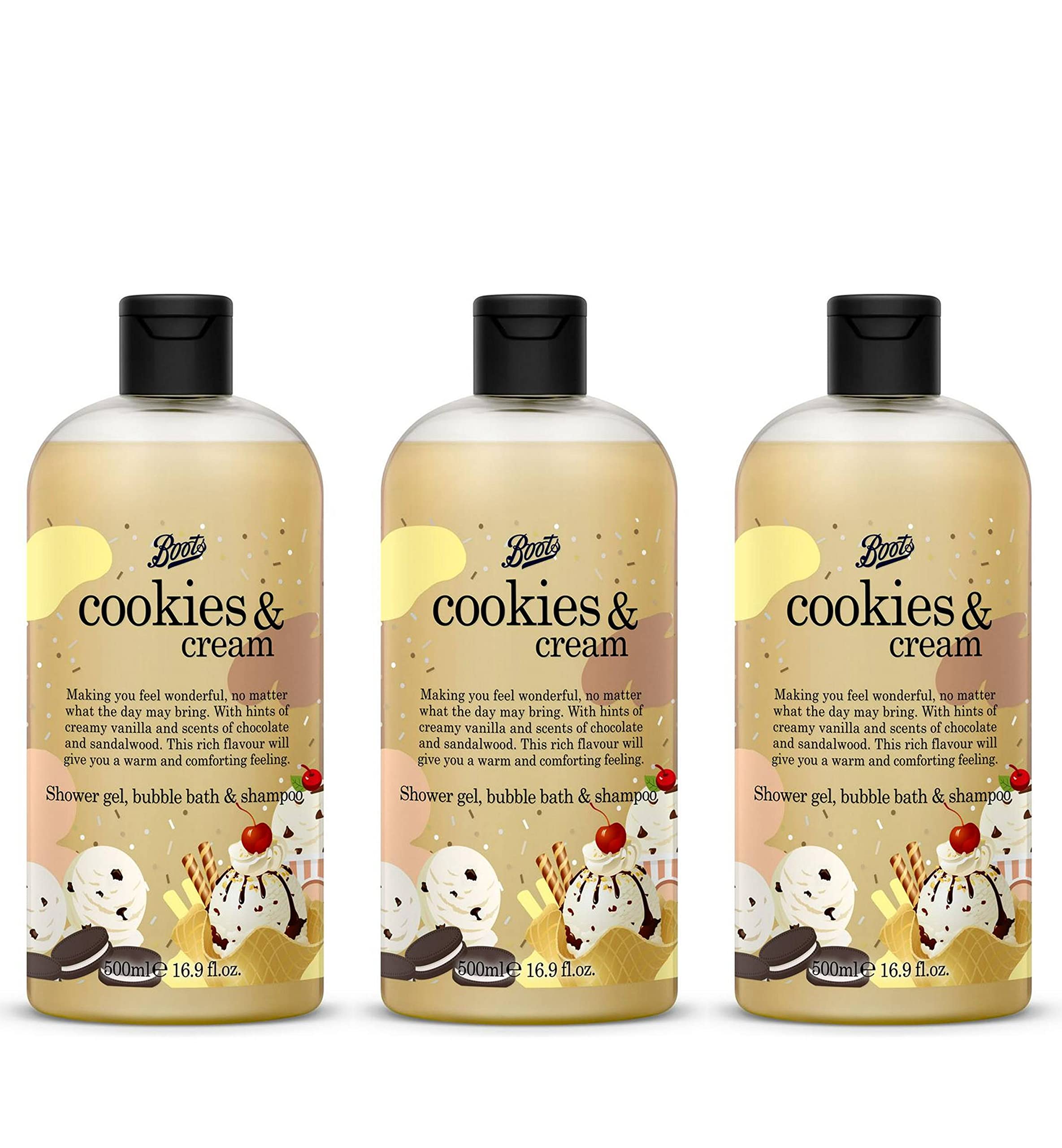 Boots Cookies & Cream Shower Gel - 16.9 Fl Oz (Pack of 3) | Moisturizing Body Wash for Dry Skin, Perfect for Daily Shower & Spa Relaxation