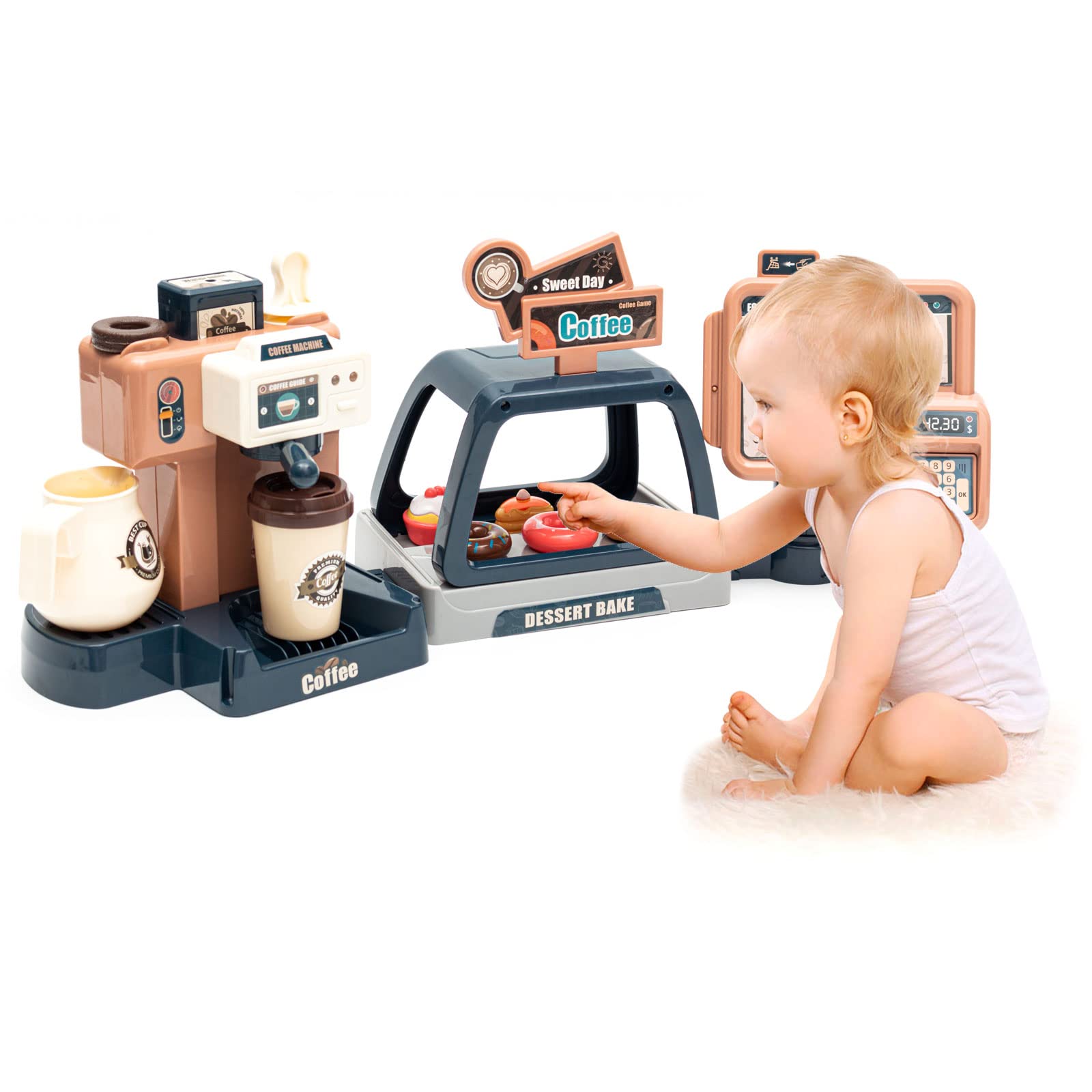 Jomifin Pretend Play Coffee Shop Set for Kids - 41Pcs Classic Edition with Coffee Maker Machine & Fake Donuts - Educational Role Play Toy for Boys & Girls - Perfect for Birthday Gifts & Preschool Learning Activities