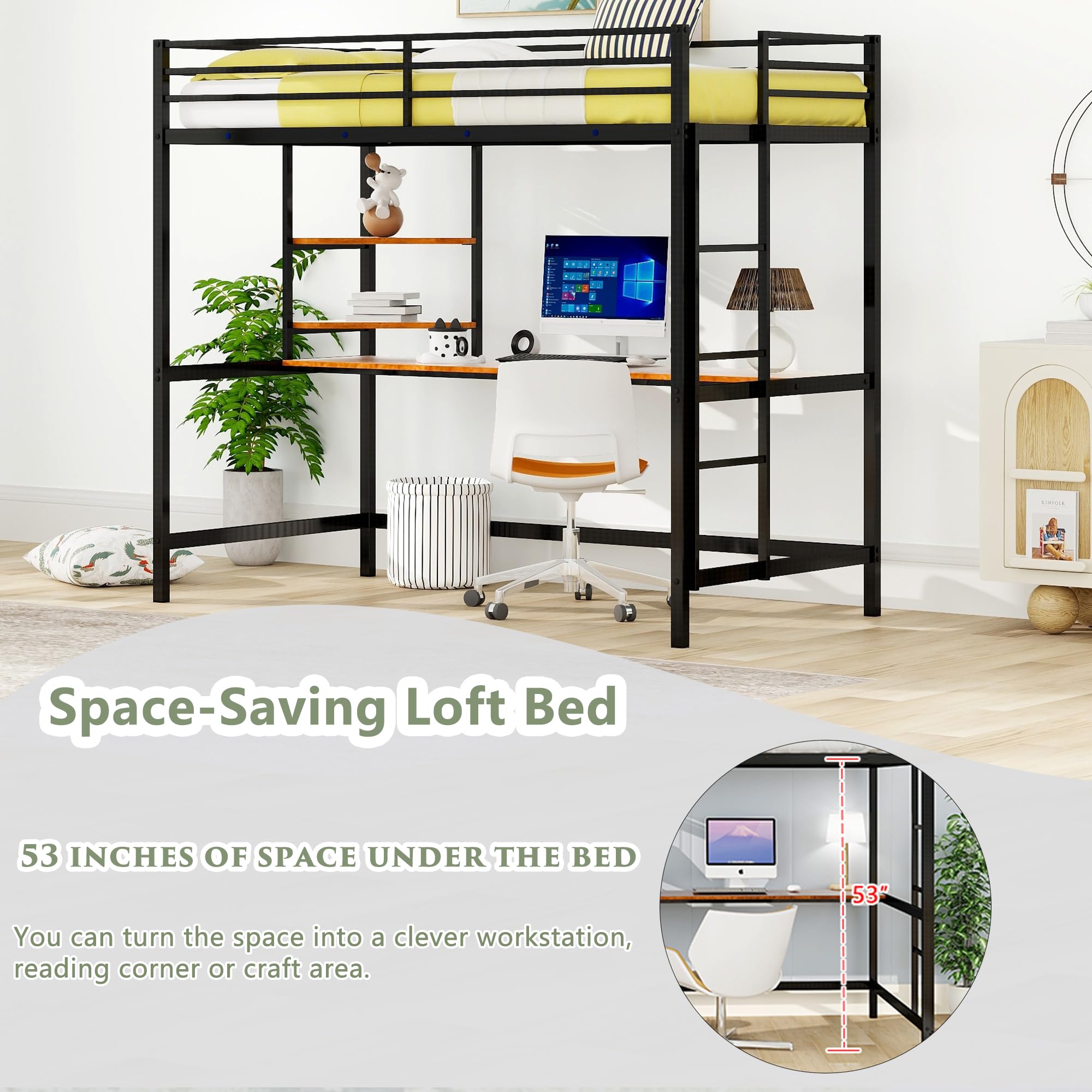 Twin Size Loft Bed with Desk & Storage - Heavy Duty Metal Frame with Safety Guardrail for Kids - Space Saving Black Loft Bed for Small Rooms & Dormitories - Perfect for Study, Sleep & Organization