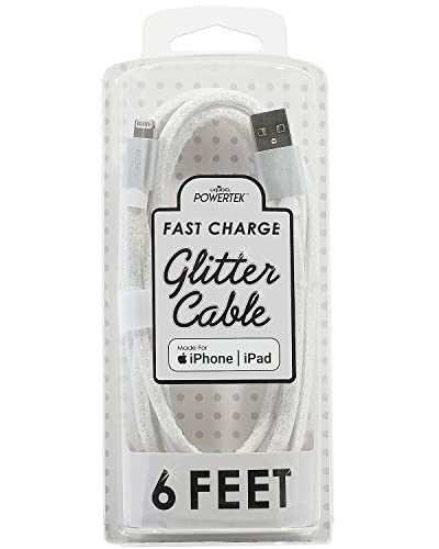 LIQUIPEL Powertek Glitter MFi Certified Fast Charging Cable - 6ft Lightning to USB Cable for iPhone 14/13/12/11/X/8 & iPad - Durable White Charger Cord for Home, Office & Travel