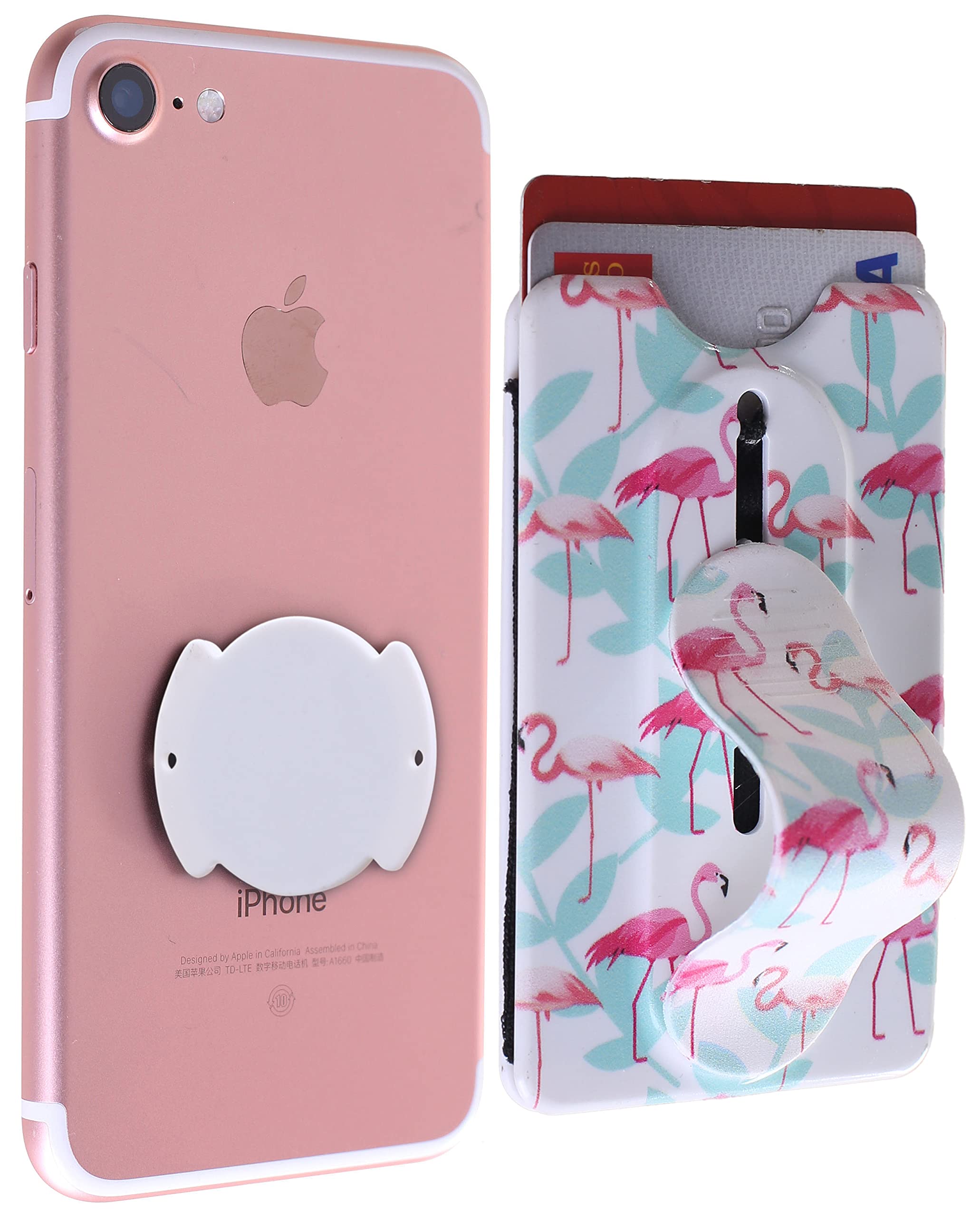 Detachable Phone Wallet with Kickstand & Grip - Wireless Charging Compatible for iPhone & Smartphones (Blue Flamingo) - Perfect for Selfies & Hands-Free Use