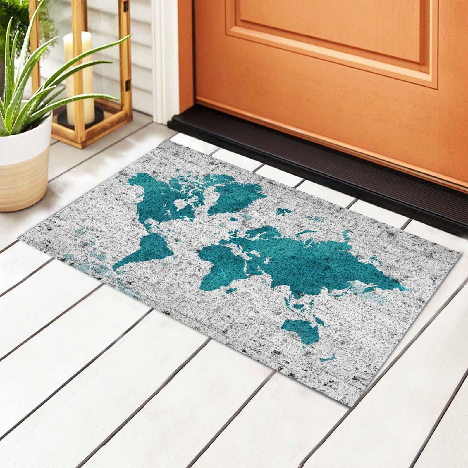 BoeHiop Turquoise World Map Non-Slip Door Mat - Personalized Home Decor for Indoor/Outdoor Use