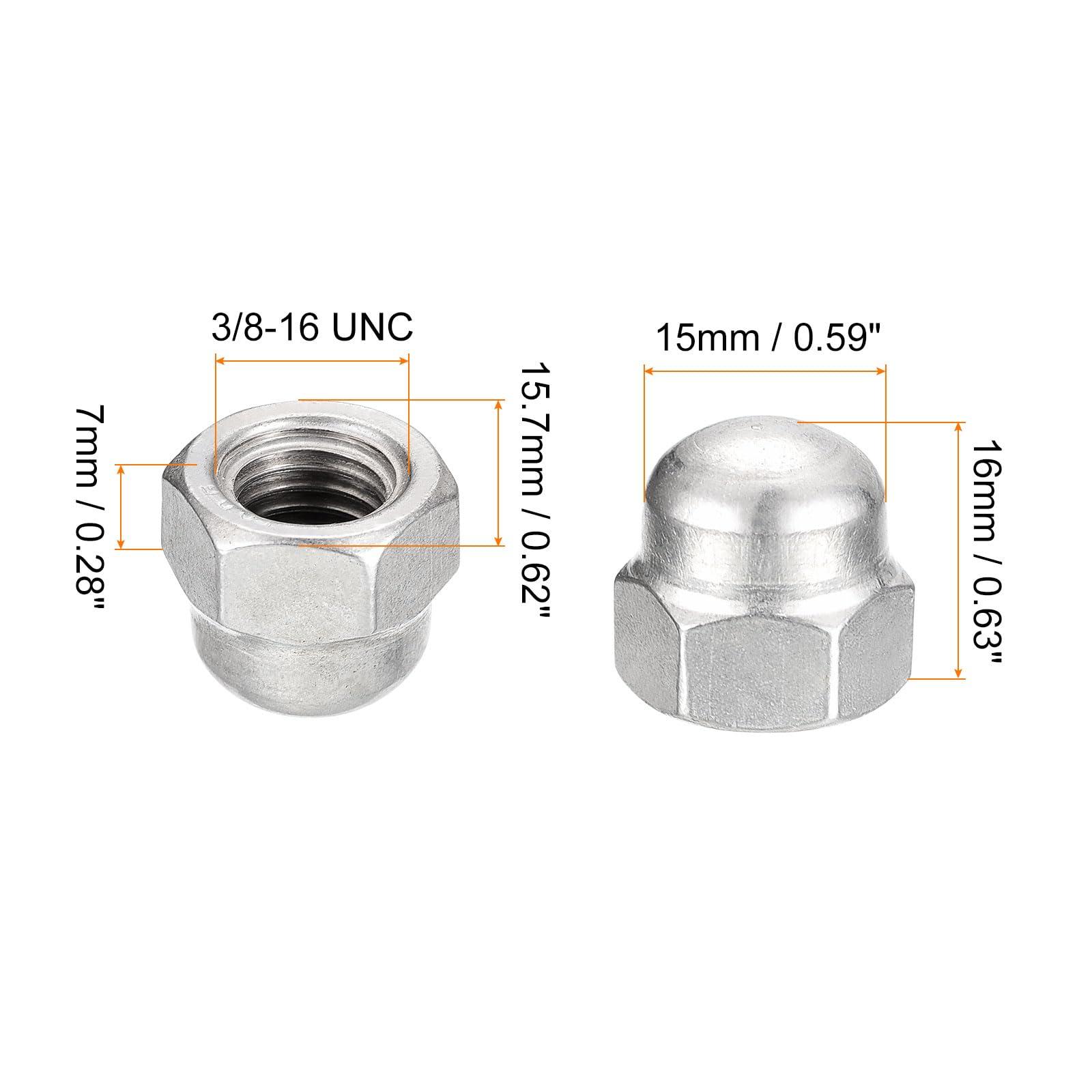 uxcell 50pcs 3/8-16 Acorn Cap Nuts, 304 Stainless Steel Hex Dome Head Nuts for Fasteners - Silver | Durable Hardware for Automotive, Furniture & DIY Projects