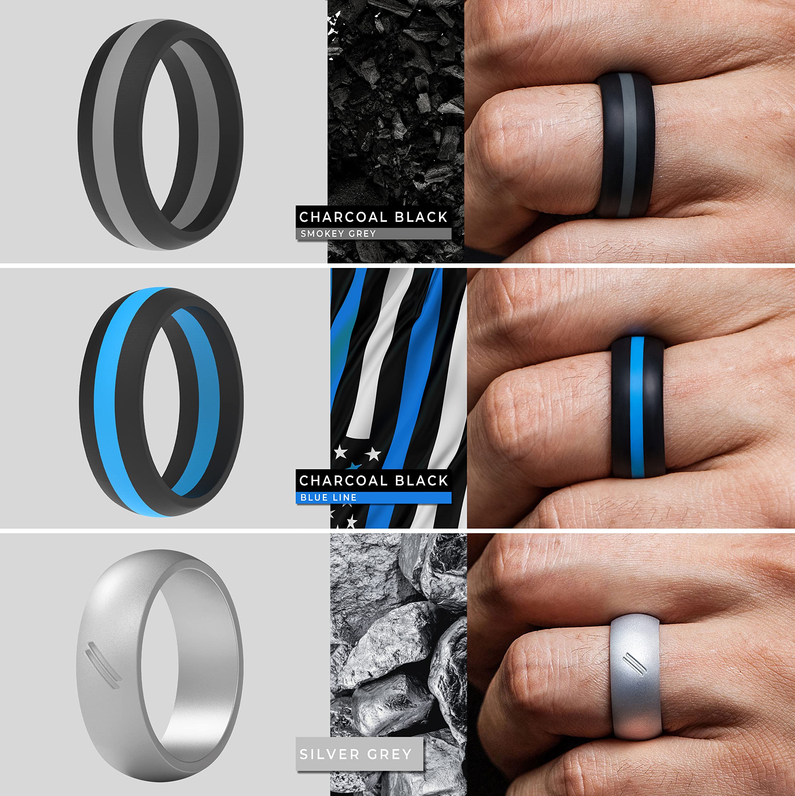 ThunderFit 8-Pack Silicone Wedding Rings for Men - Comfortable Rubber Engagement Bands (8.7mm Wide, 2.5mm Thick) - Perfect for Gym, Swimming, Travel & Outdoor Activities