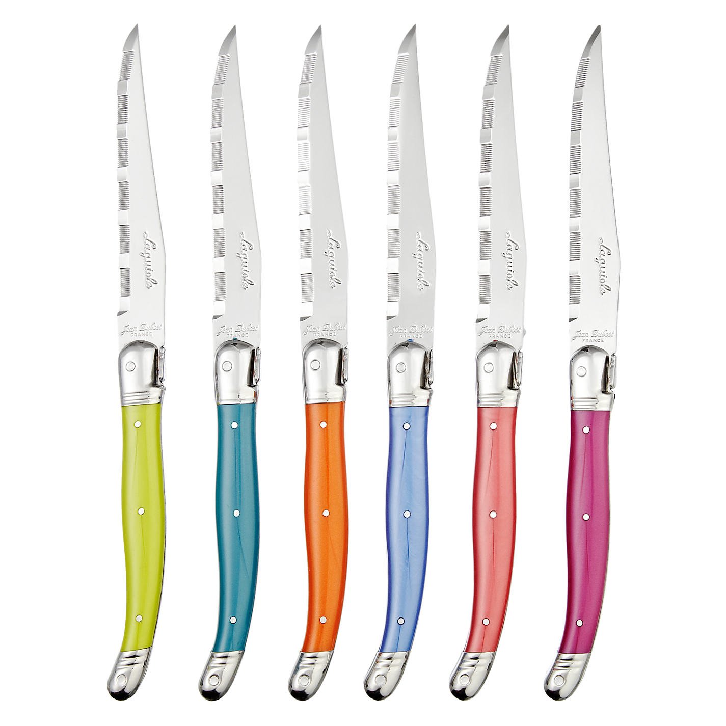 Premium Jean Dubost Laguiole 12-Piece Steak Knife Set - Stainless Steel Blades with Colorful Handles & Wooden Storage Block - Perfect for Steak Dinners, BBQ Parties & Fine Dining