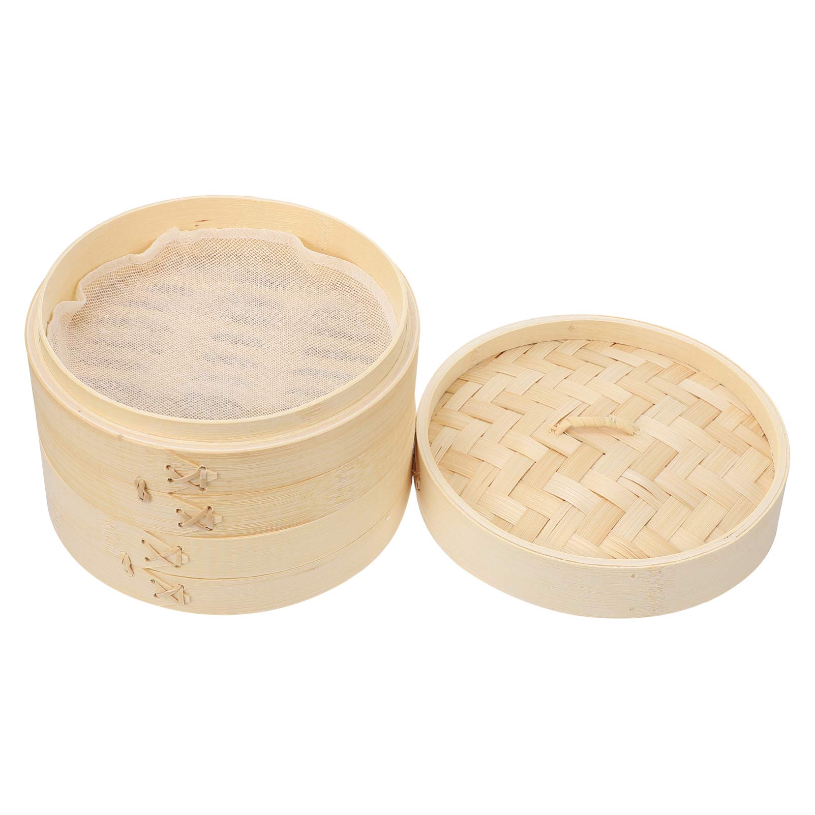 Premium Bamboo Steamer Basket Set - 3-Piece Chinese Dumpling & Dim Sum Steamer for Bao Buns, Rice & Asian Cuisine (18x18x14cm) with Steamer Cloth Lid - Perfect for Home Cooking, Restaurants & Traditional Asian Meals