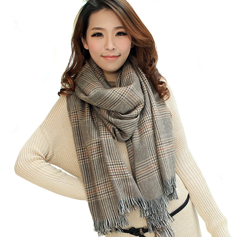 LOCOMO Checker Tartan Plaid Pattern Large Long Scarf Shawl Wrap Tassel FAF082 - Winter Warmth Fashion Accessory for Women Men Outdoor Travel Office