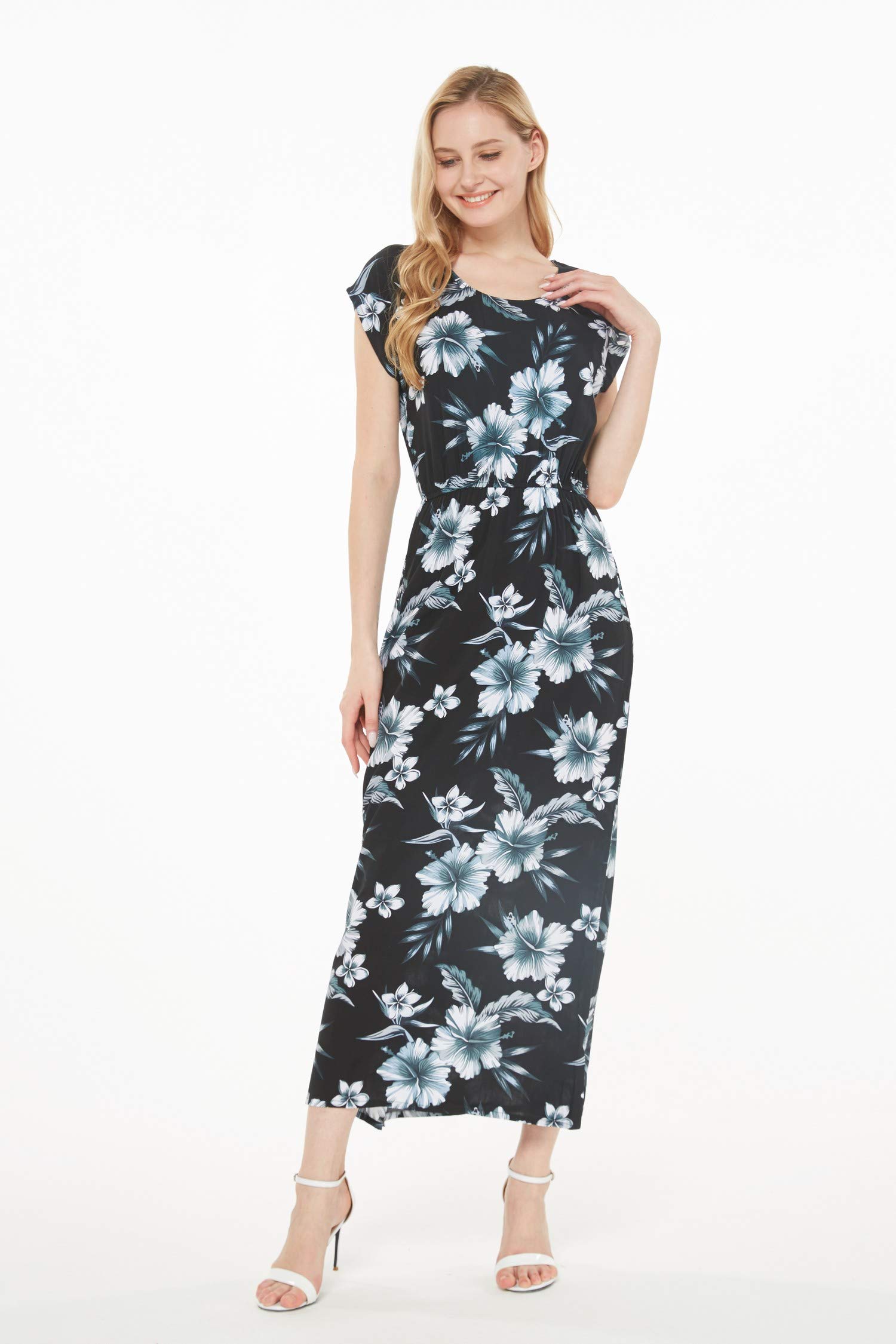 Hawaiian Luau Cap Sleeve Maxi Dress for Women - Floral Print Summer Beach Dress | Perfect for Tropical Vacations, Beach Parties, and Luau Events
