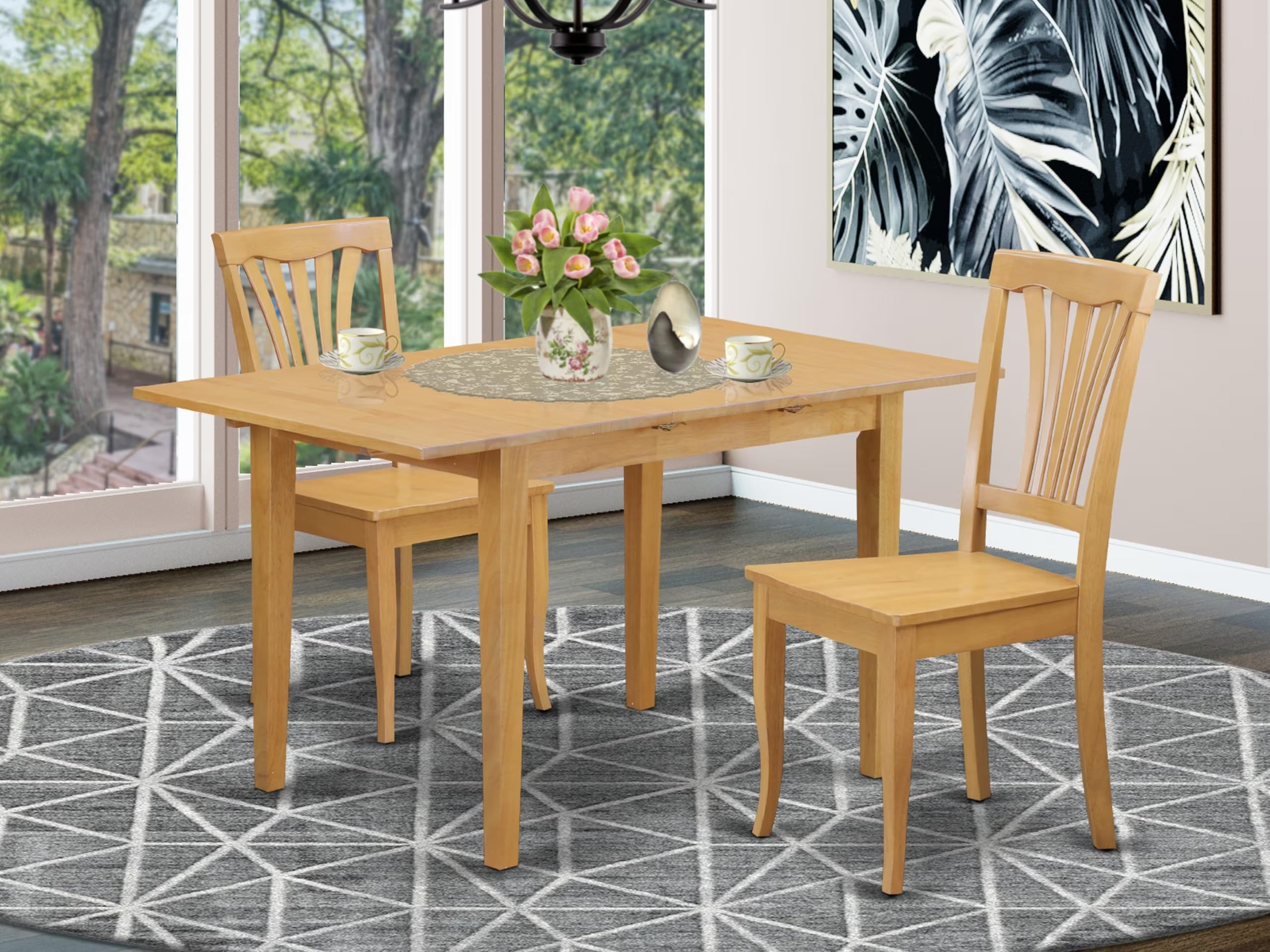 East West Furniture NOAV3-OAK-W 3 Piece Oak Dining Table Set with Butterfly Leaf - 32x54 Inch Rectangle Kitchen Table & 2 Chairs - Perfect for Small Spaces, Breakfast Nooks & Compact Dining Rooms