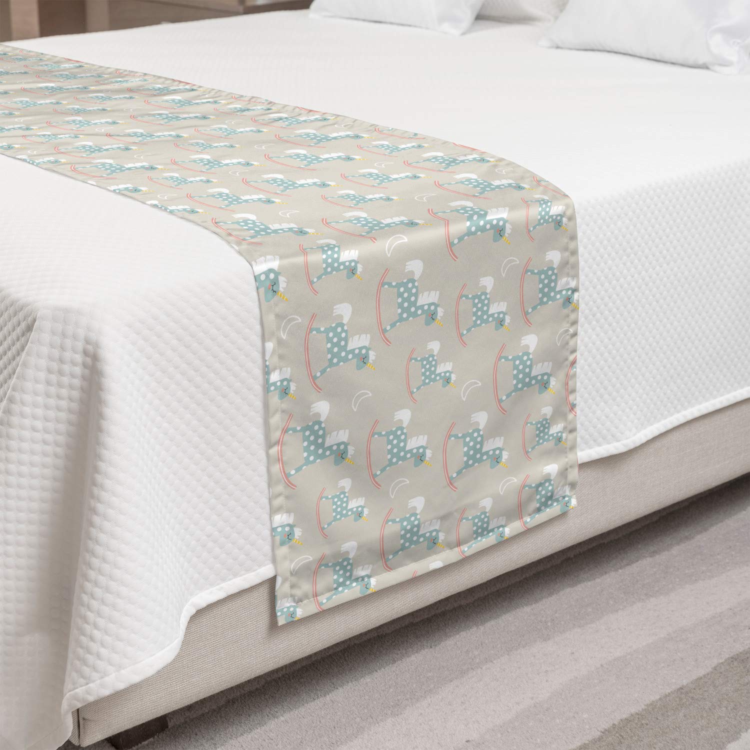 Ambesonne Cartoon Rocker Horse Bed Runner with Polka Dots & Horn Animal Design - Cream Decorative Bed Scarf for Queen Beds - Perfect for Hotels, Homes & Guest Rooms - Adds Whimsical Charm to Bedroom Decor